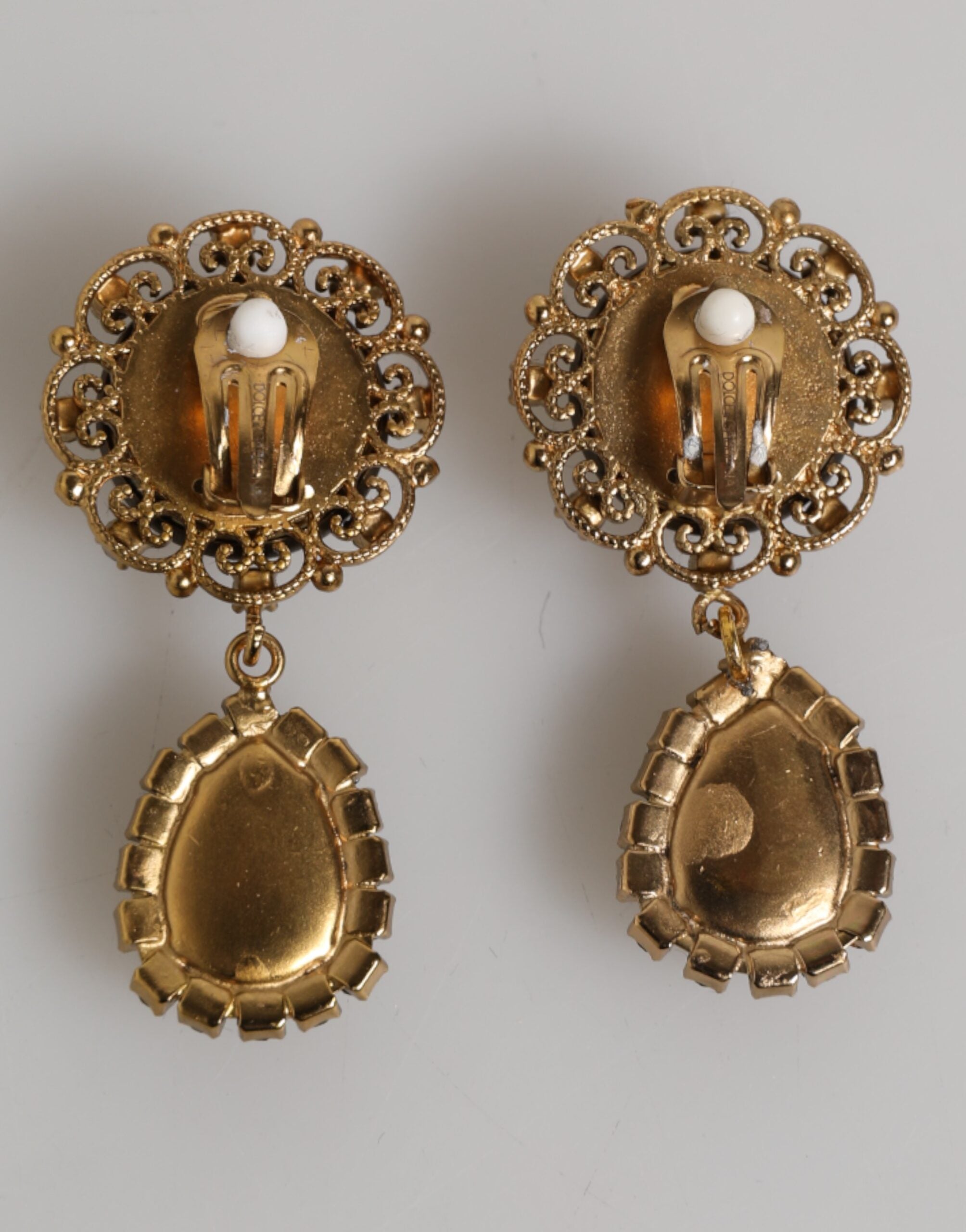 Dolce & Gabbana Gold Brass Crown Medallion Black Crystal Drop Clip On Earrings