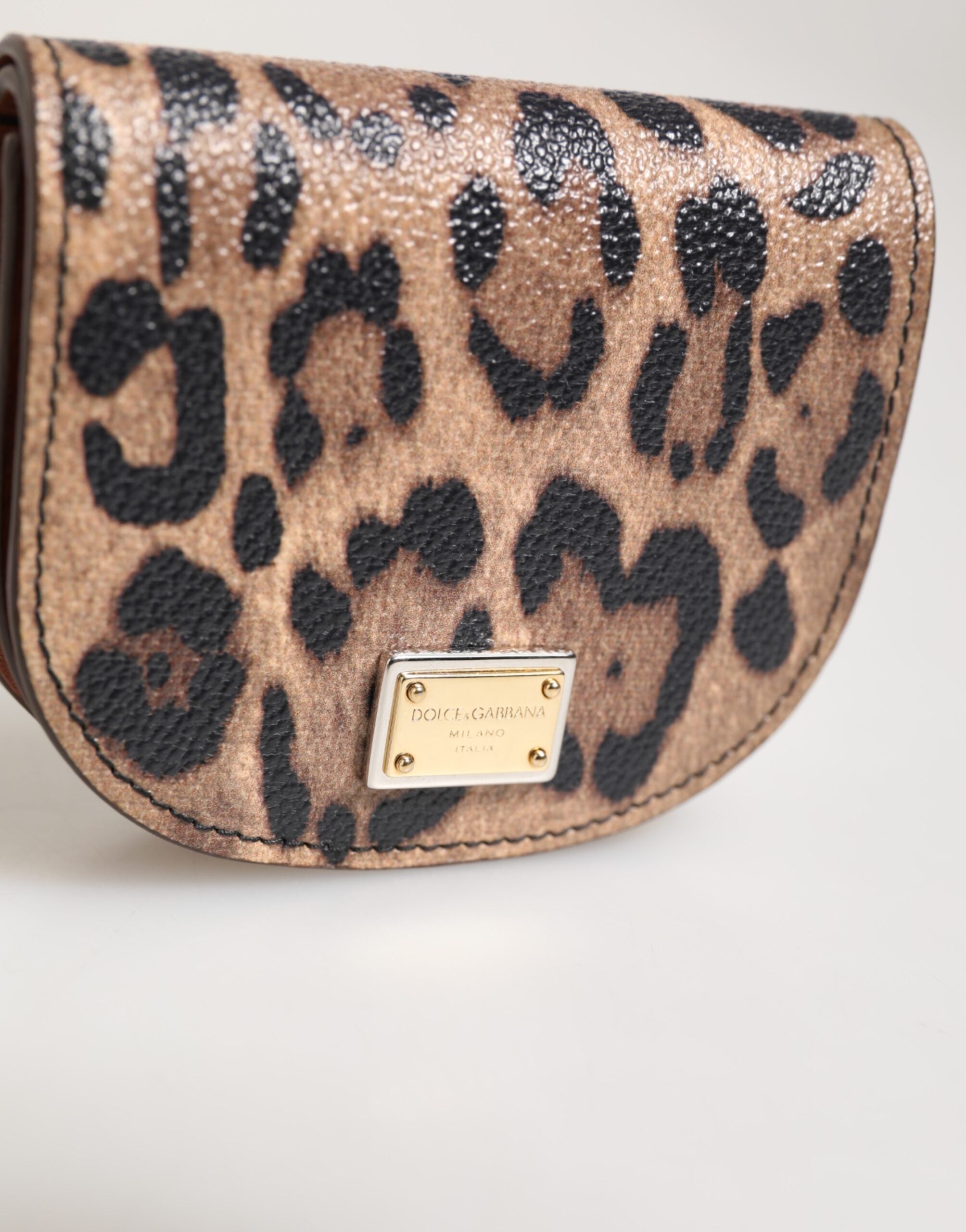 Dolce & Gabbana Brown Black Calf Leather Leopard Print Logo Plaque Wallet