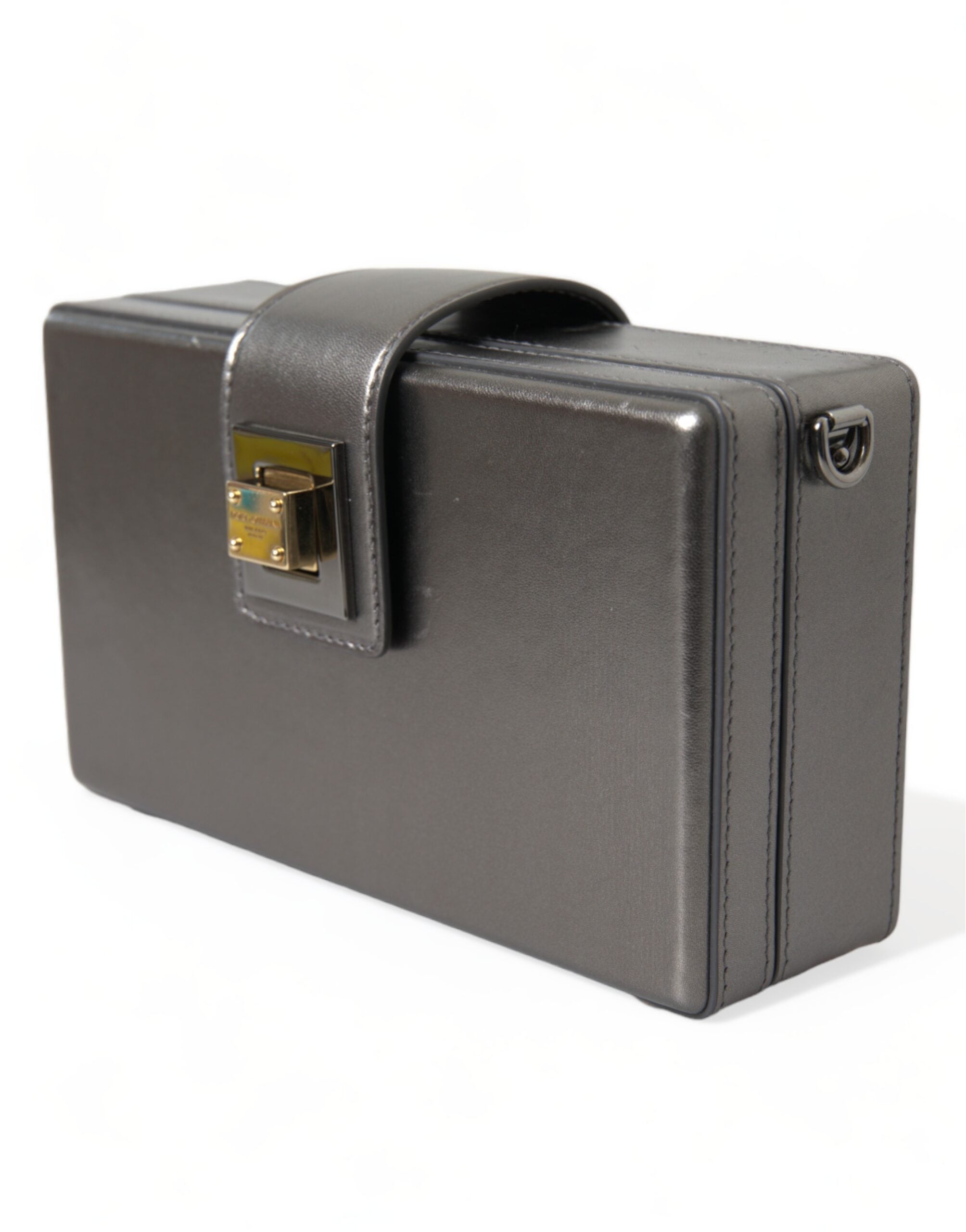 Dolce & Gabbana Steel Gray Leather Box Shape Shoulder Gold DG Logo Plaque Bag