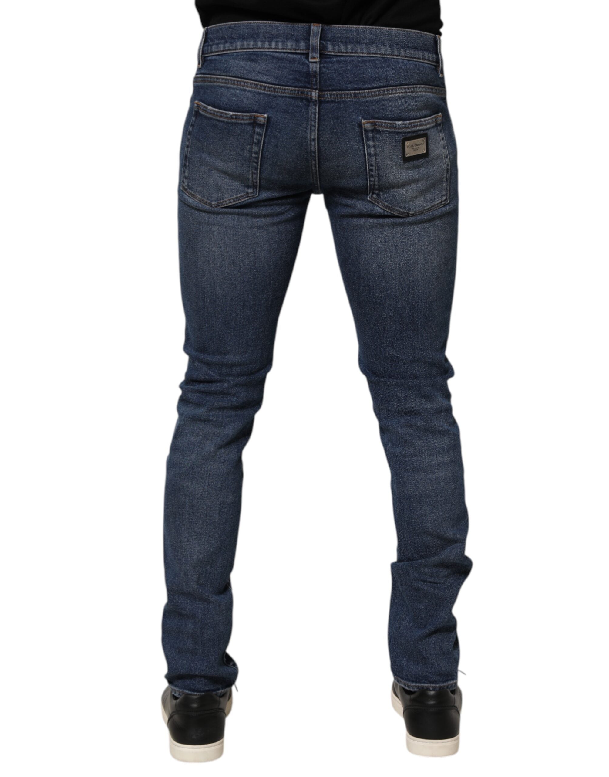 Dolce & Gabbana Blue Cotton Logo Plaque Skinny Men Denim Jeans