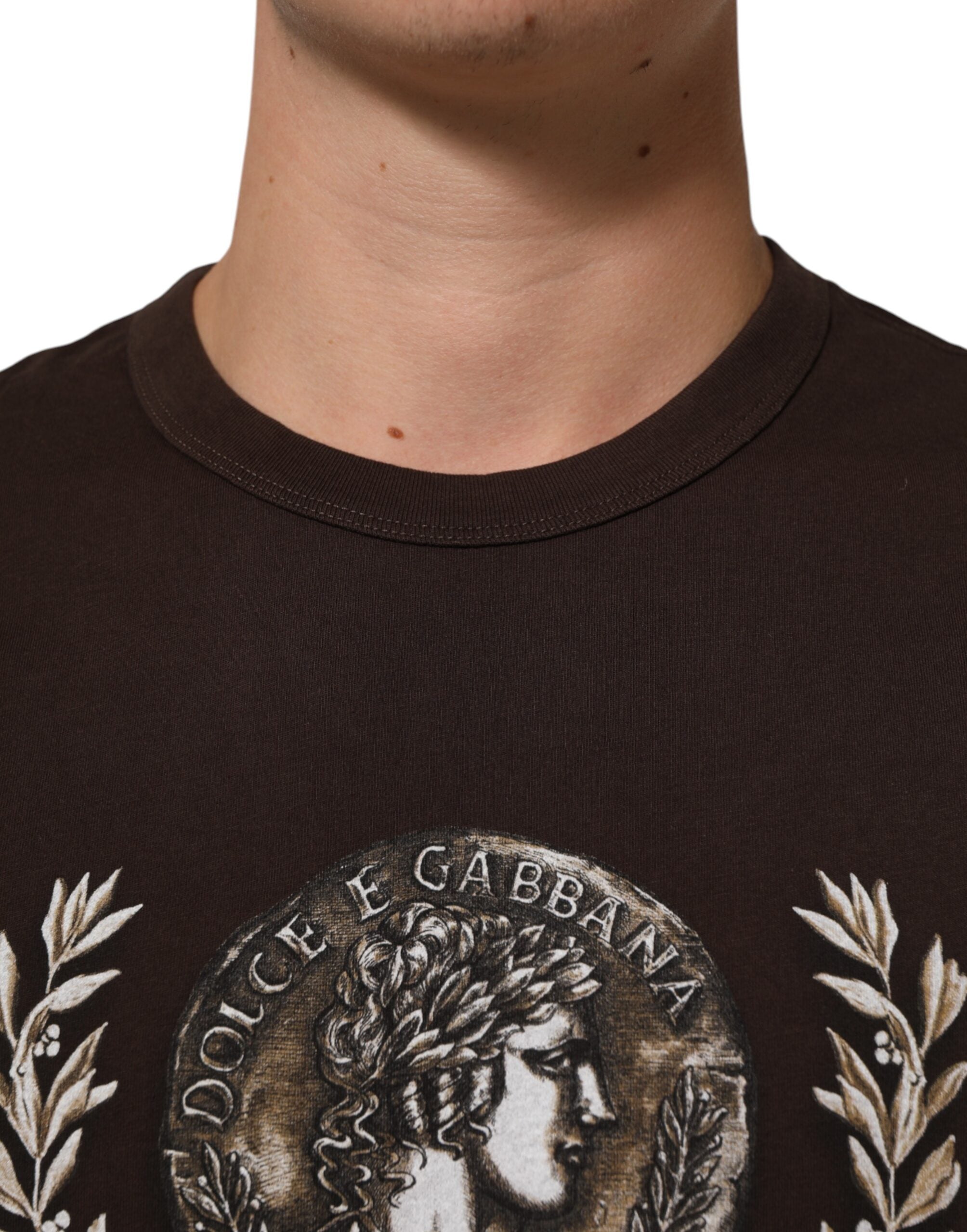 Dolce & Gabbana Brown Coin Laurel Print Men Crew Neck T-shirt