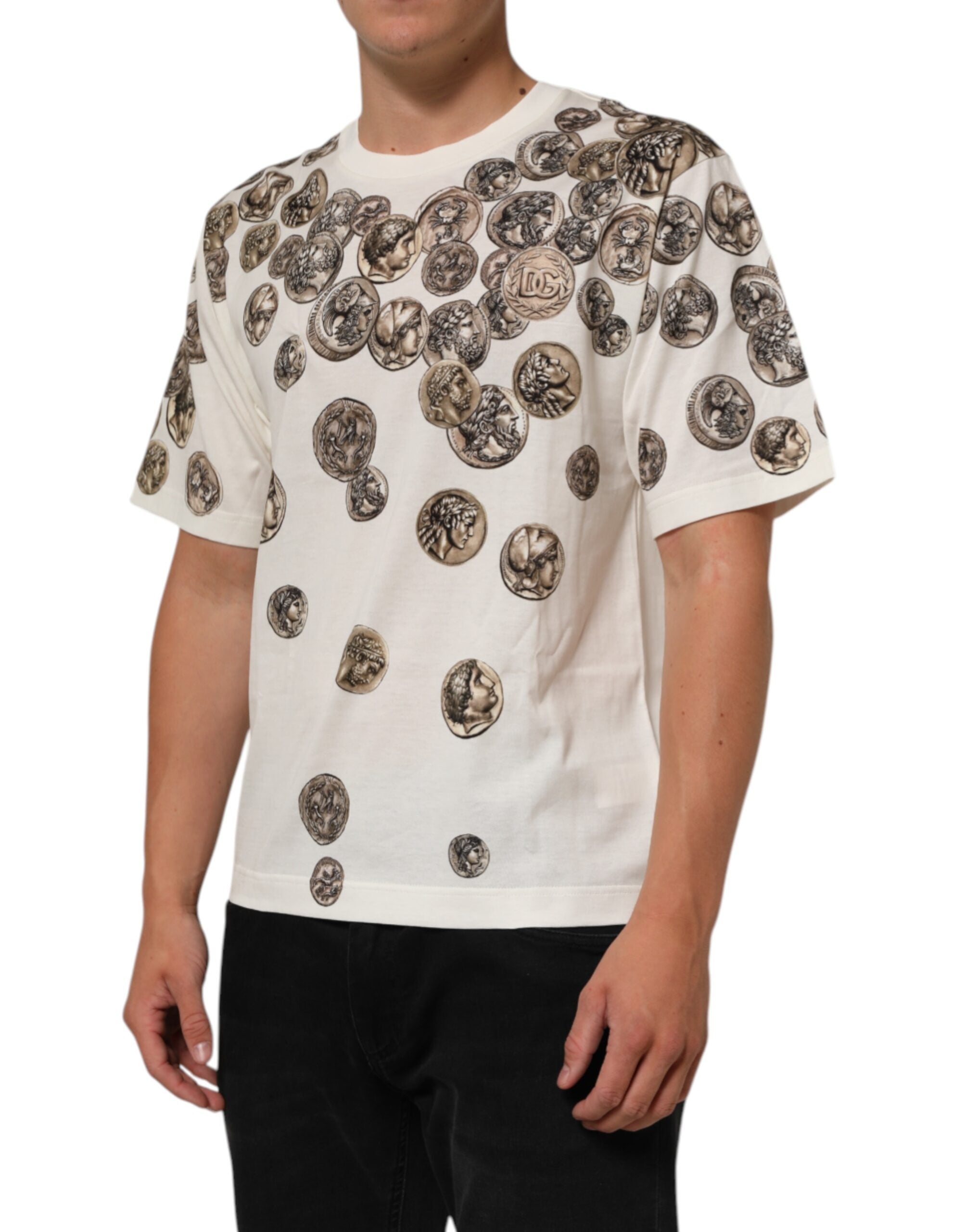 Dolce & Gabbana White Coin Print Cotton Crew Neck Men T-shirt