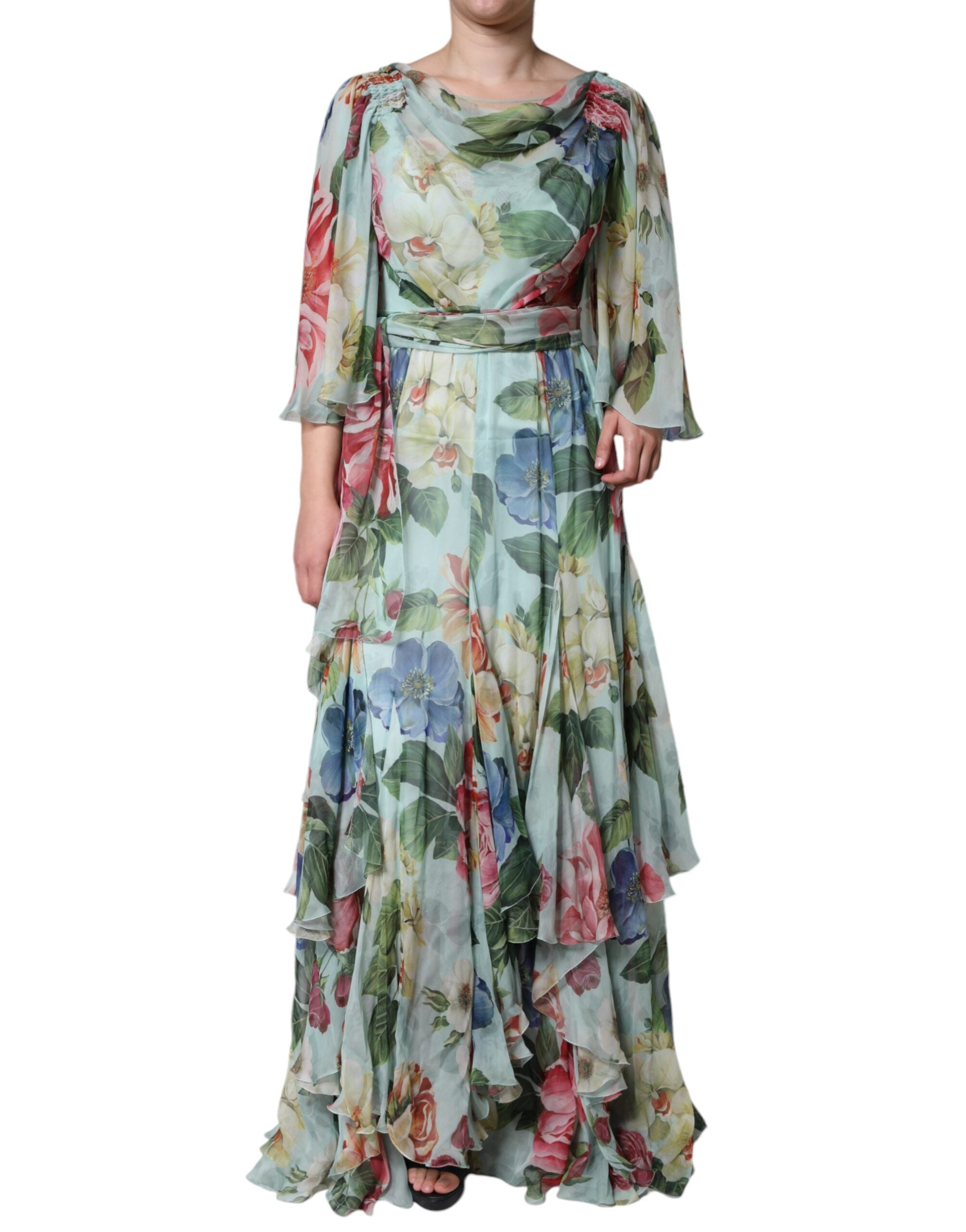 Dolce & Gabbana Blue Floral Print Tiered Maxi Dress in Silk
