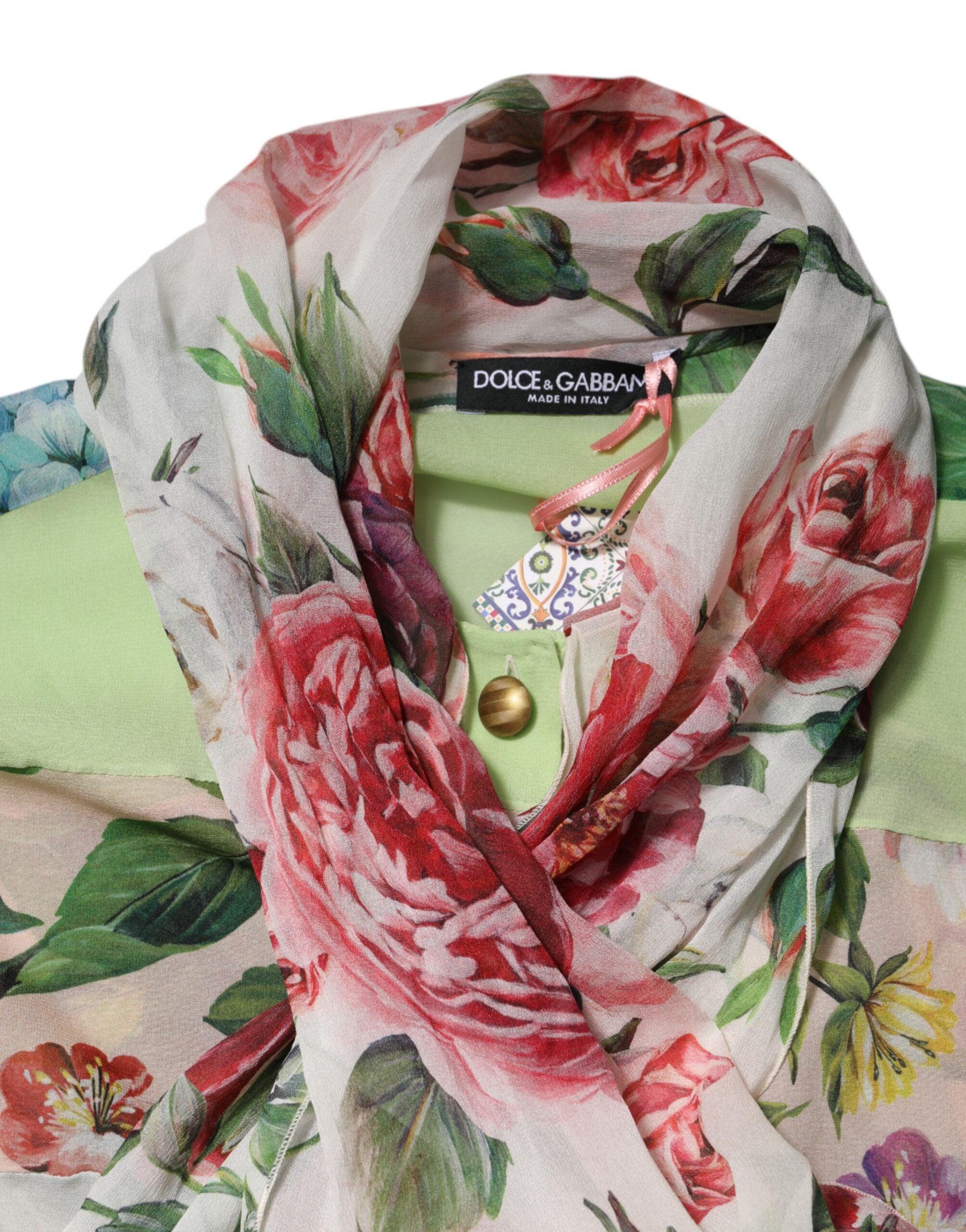 Dolce & Gabbana Multicolor Floral Patchwork Ascot Collar Top