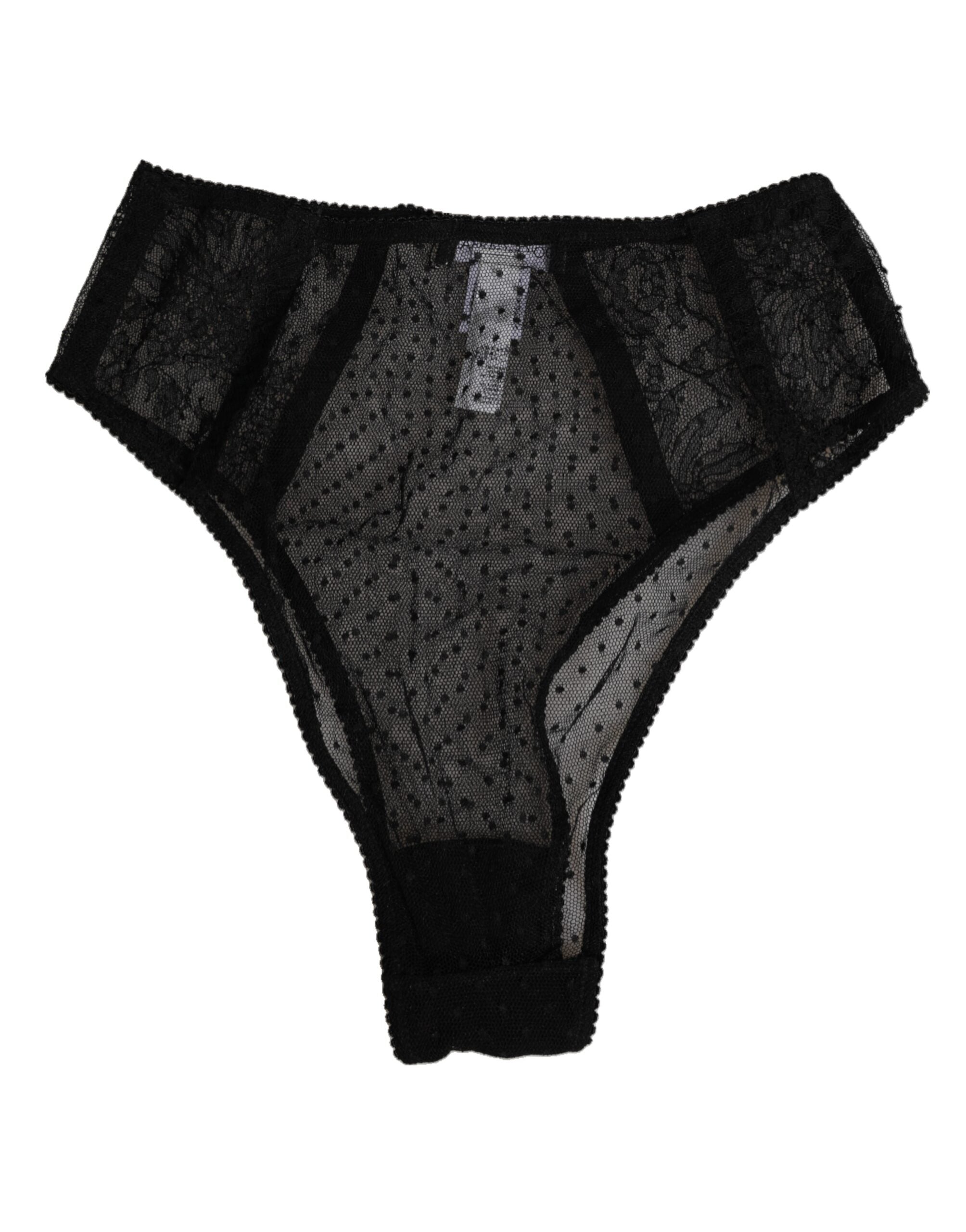 Dolce & Gabbana Black Lace Polka Dot Mesh High Waist Underwear