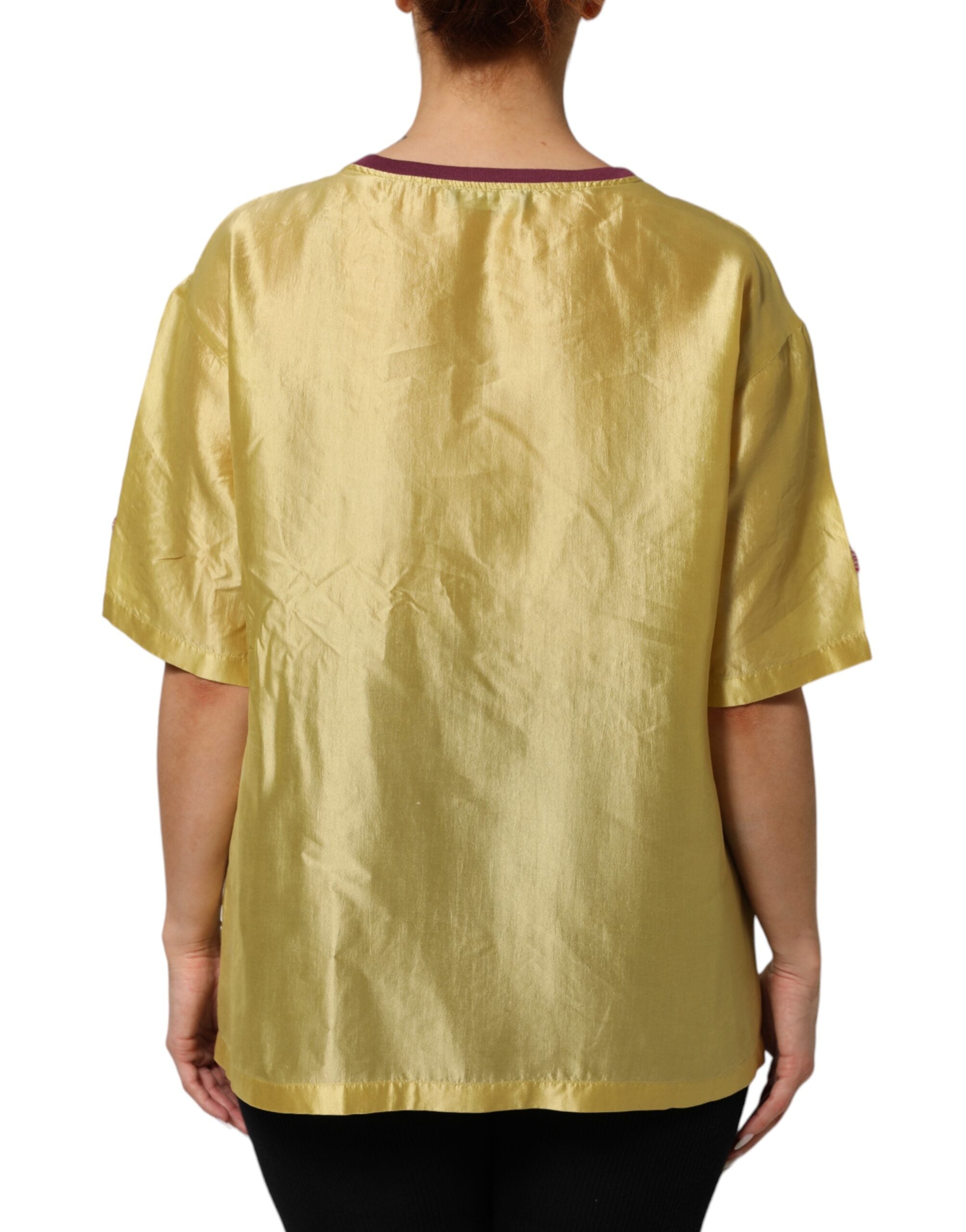 Dolce & Gabbana Yellow Silk Satin Floral Lace Short Sleeves Top