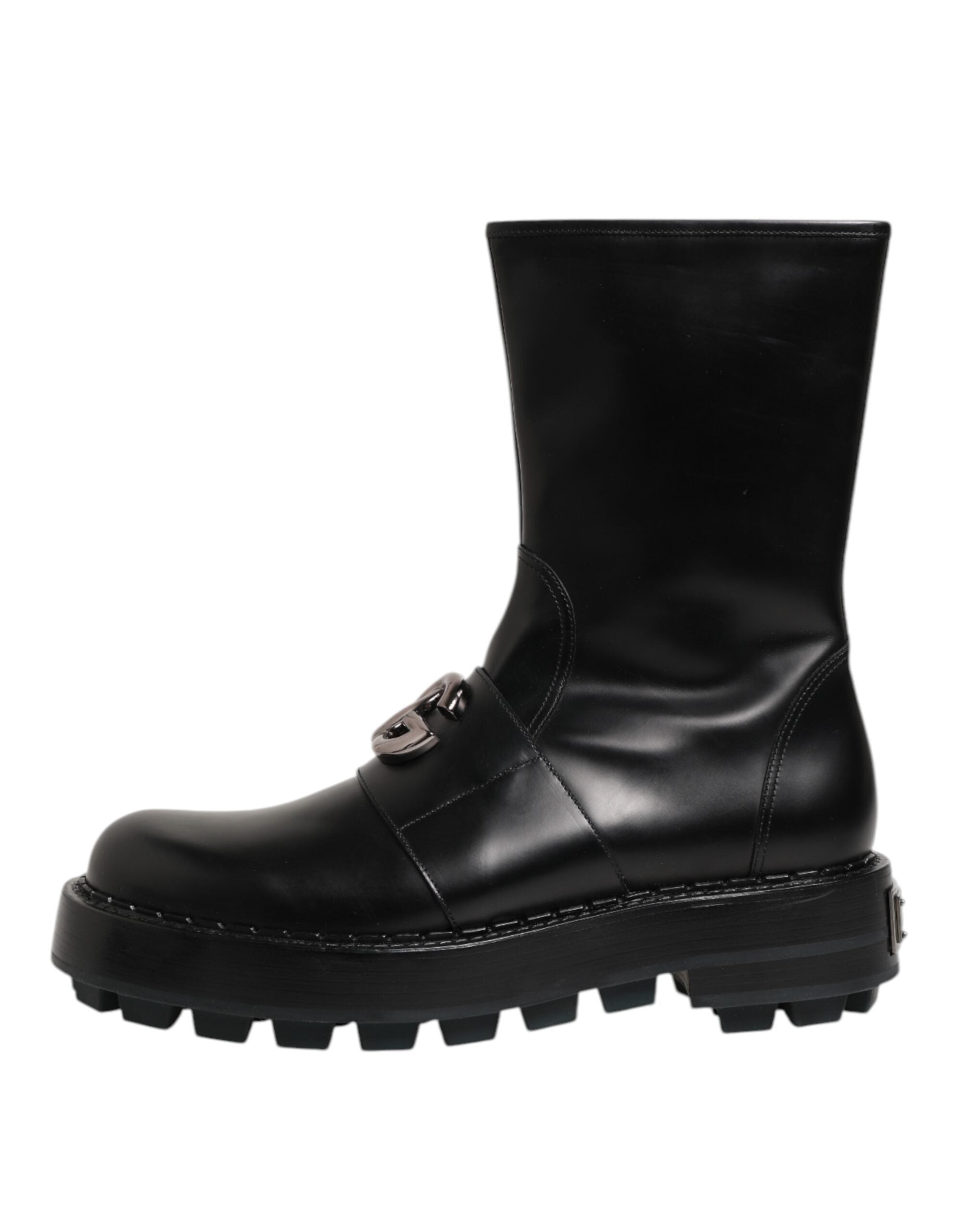 Dolce & Gabbana Black Logo Plaque Mid Calf Biker Boots Shoes