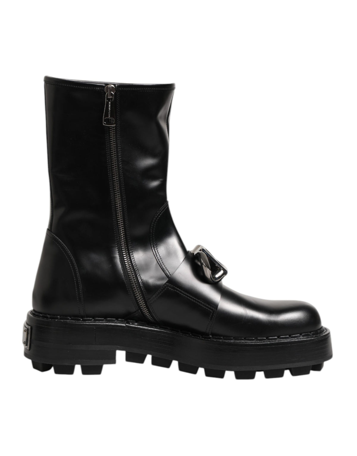 Elevate your style with Dolce & Gabbana Black Logo Plaque Mid Calf Biker Boots, crafted from premium black calf leather for timeless sophistication and effortless allure.