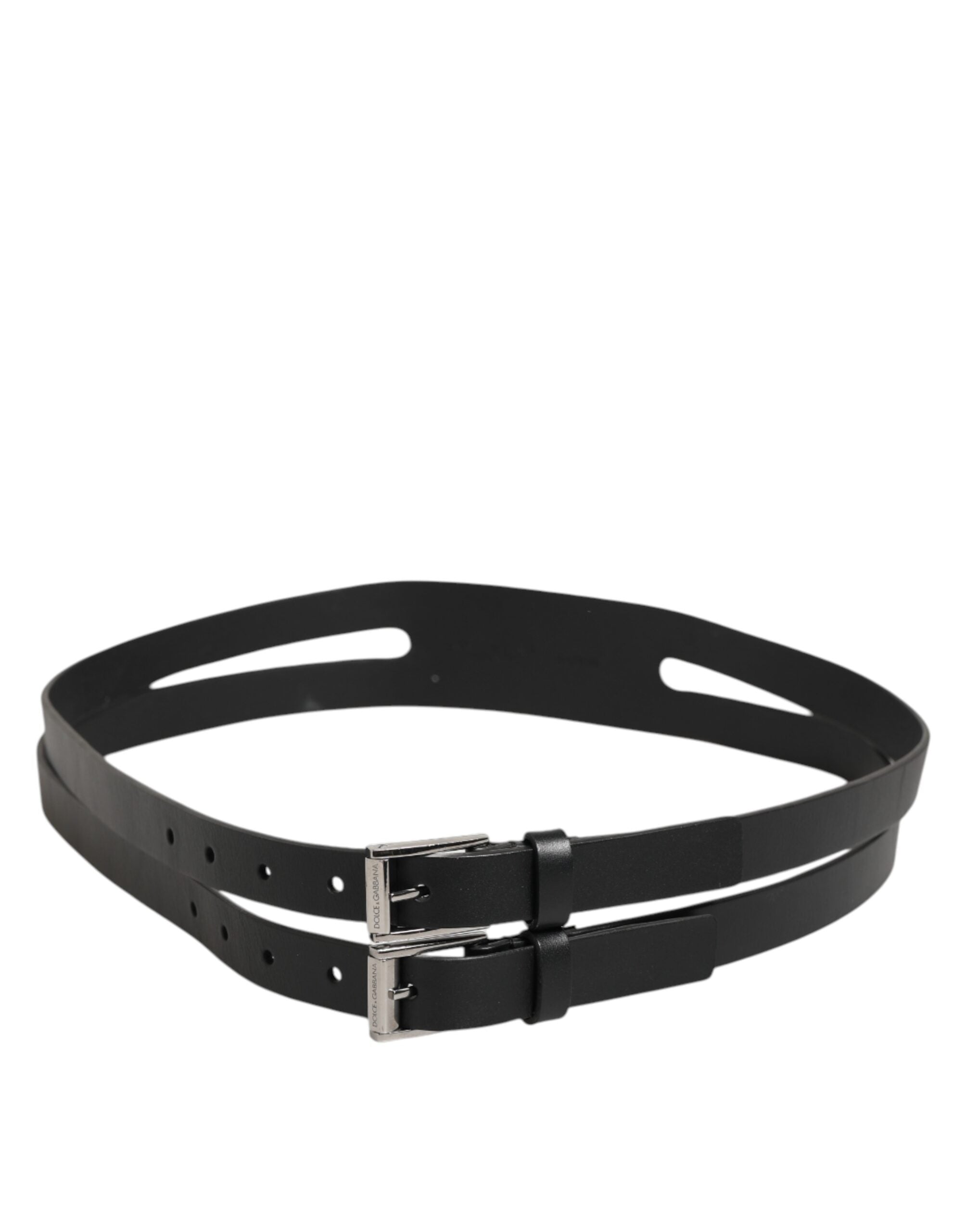 Dolce & Gabbana Black Double Strap Leather Silver Buckle Belt