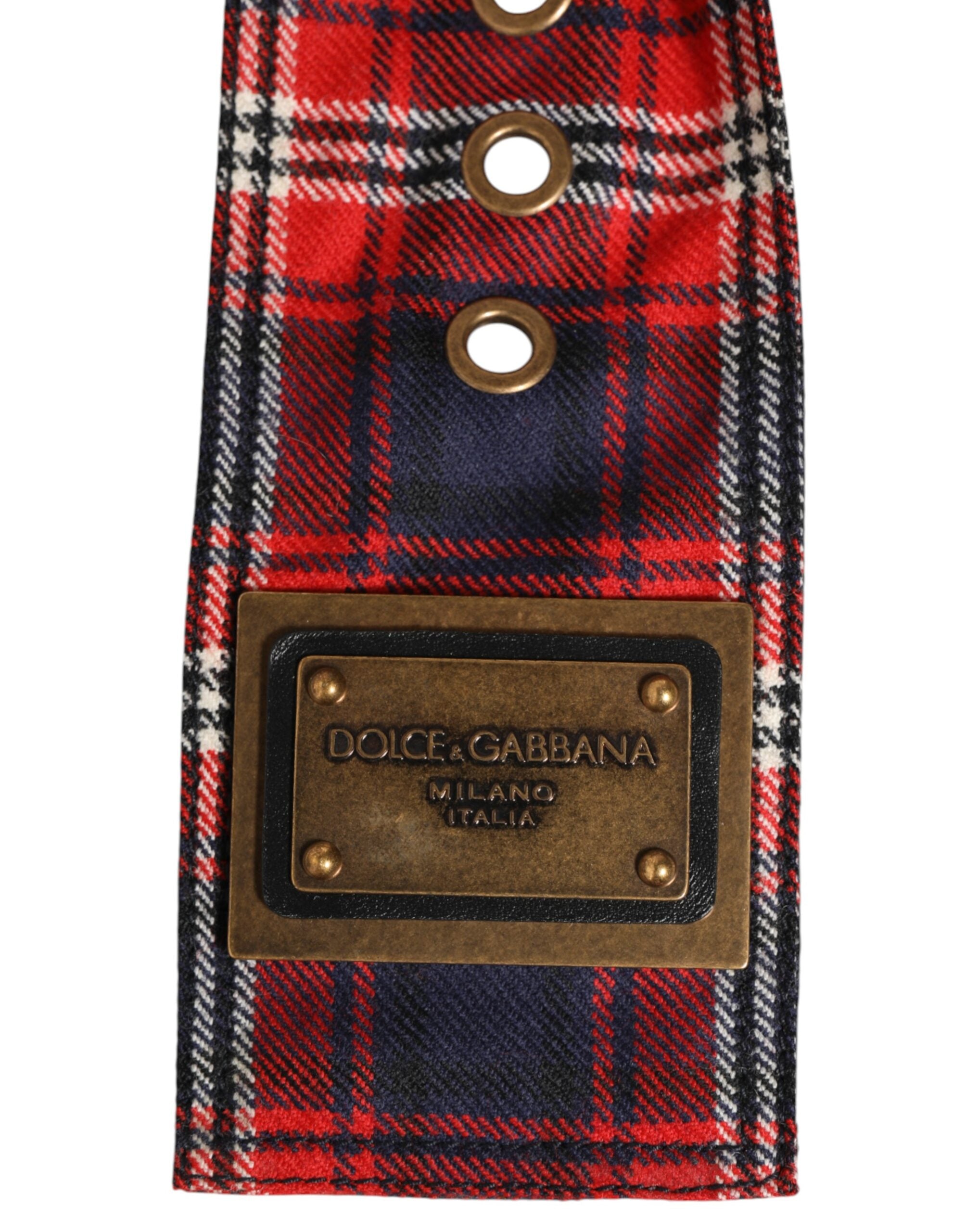 Dolce & Gabbana Red Plaid Fabric Logo Plate Brass Buckle Belt
