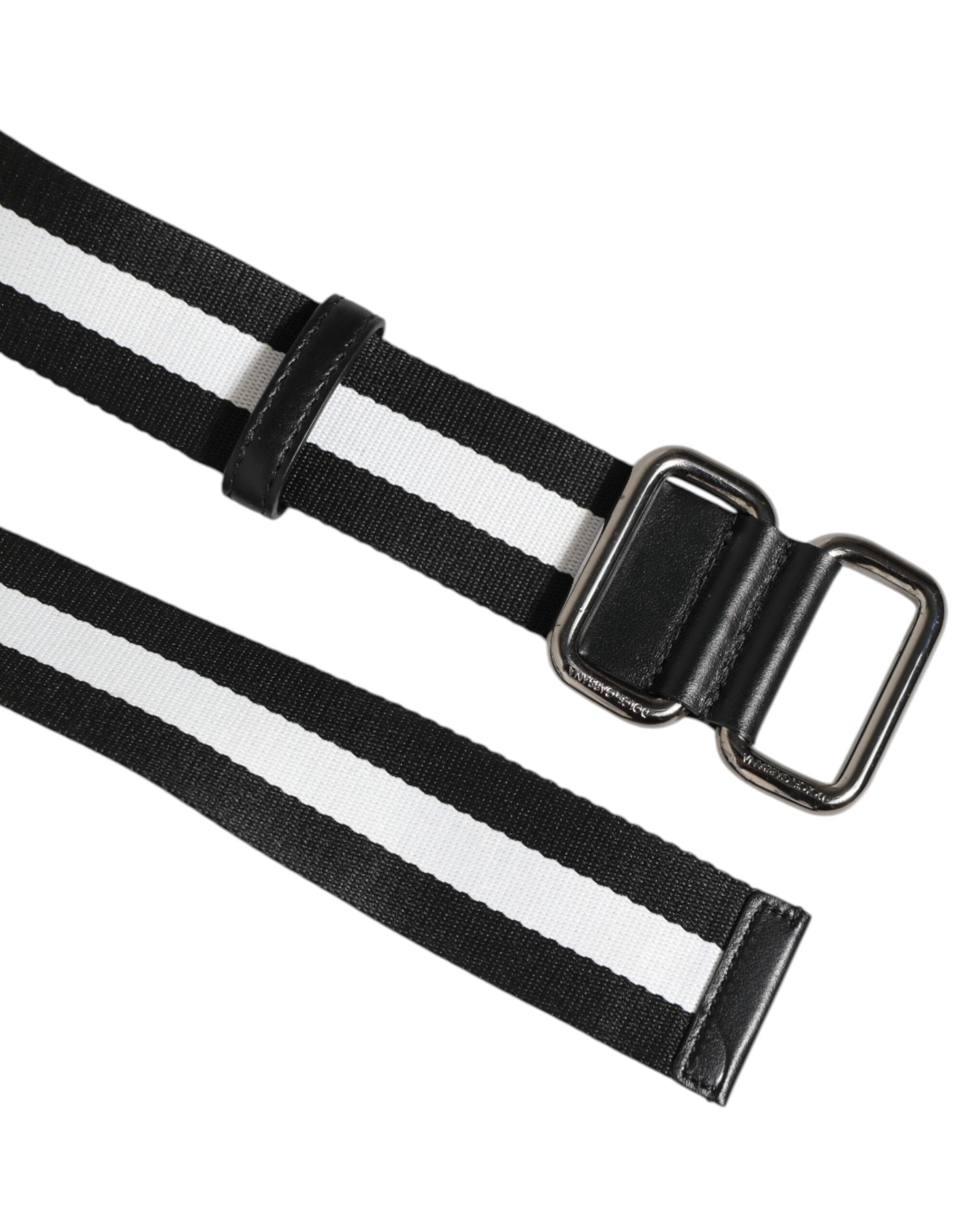 Dolce & Gabbana Black White Striped Logo Metal Buckle Belt