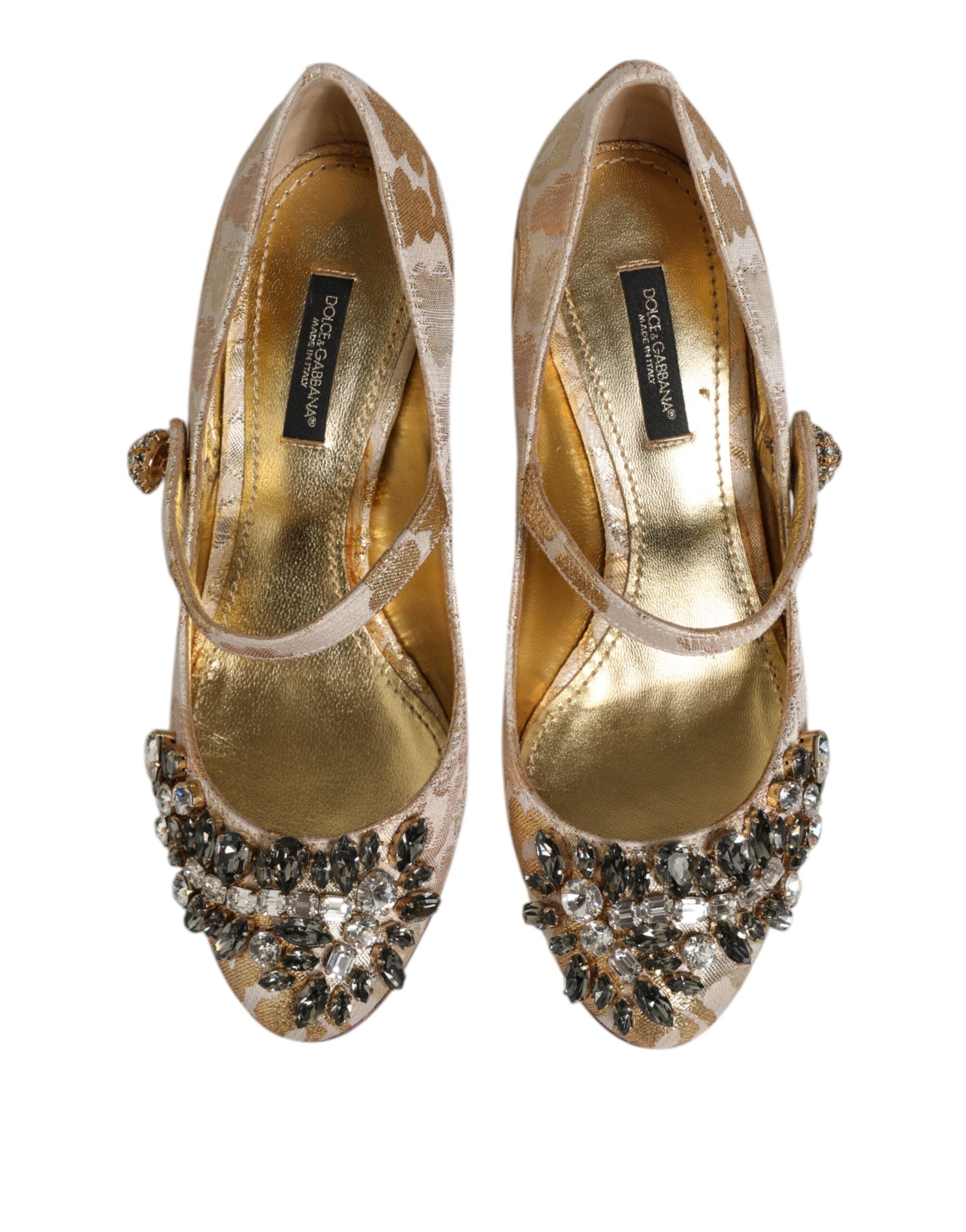 Dolce & Gabbana Gold Jacquard Crystal Mary Janes Pumps Shoes