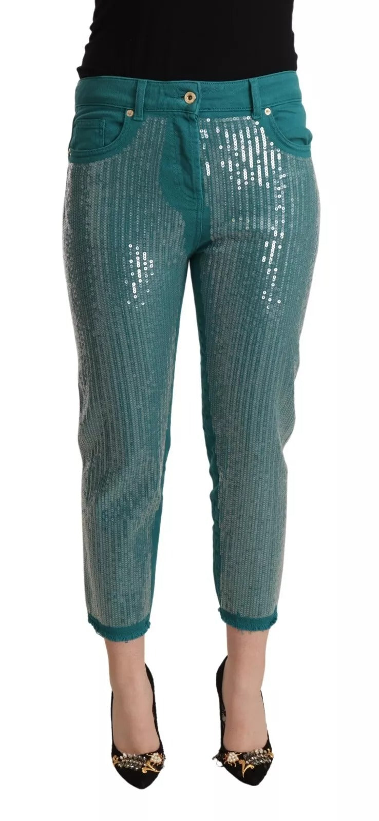 Indulge in the allure of Blumarine's Cadet Blue Sequined Low Waist Cropped Trouser Pants, where Italian craftsmanship meets modern elegance, perfect for any sophisticated wardrobe.