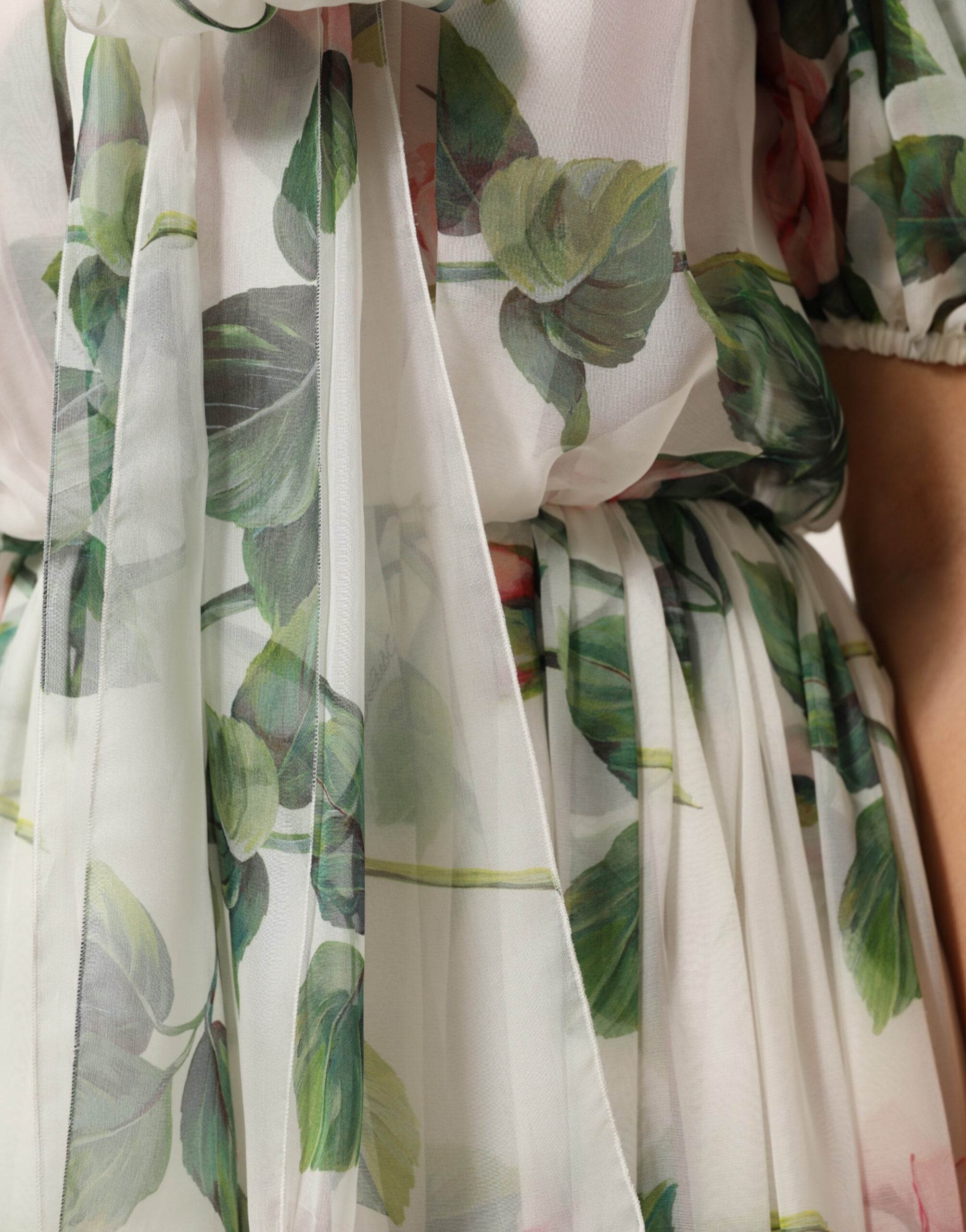 Dolce & Gabbana White Floral Print Silk Pleated Midi Dress