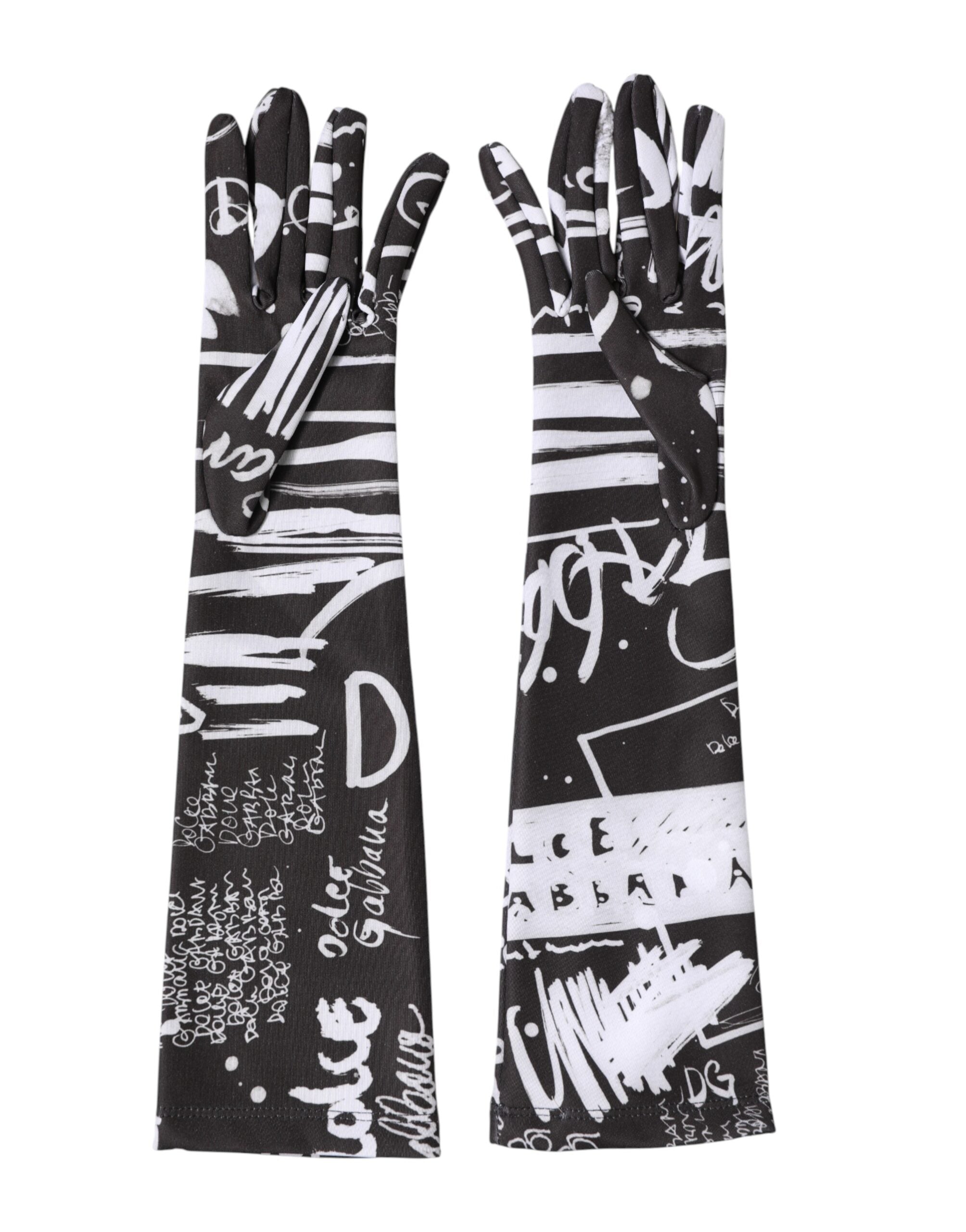 Dolce & Gabbana Black White DG Logo Elbow Length Mitten Gloves