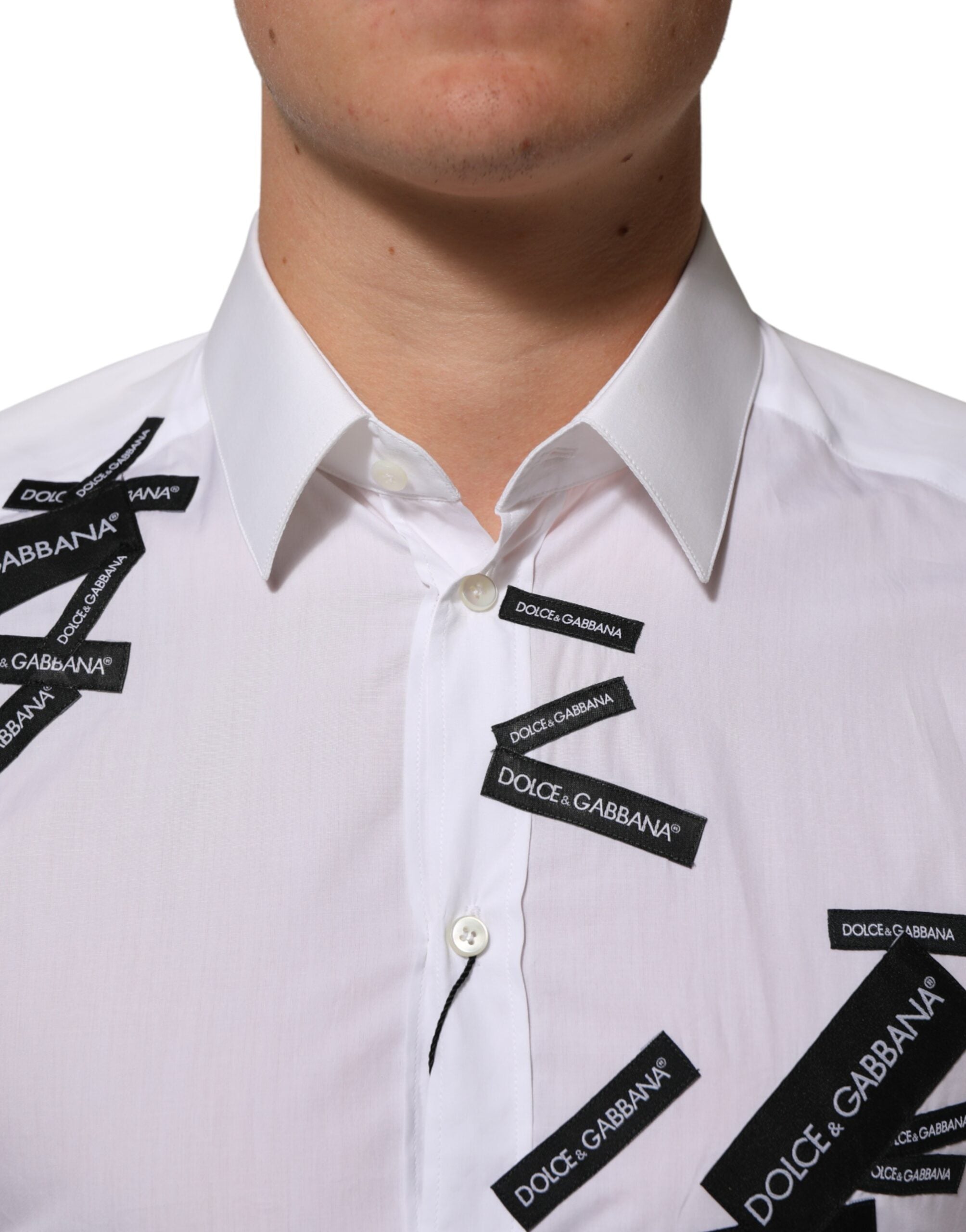 Dolce & Gabbana White Logo Cotton Collared GOLD Dress Shirt