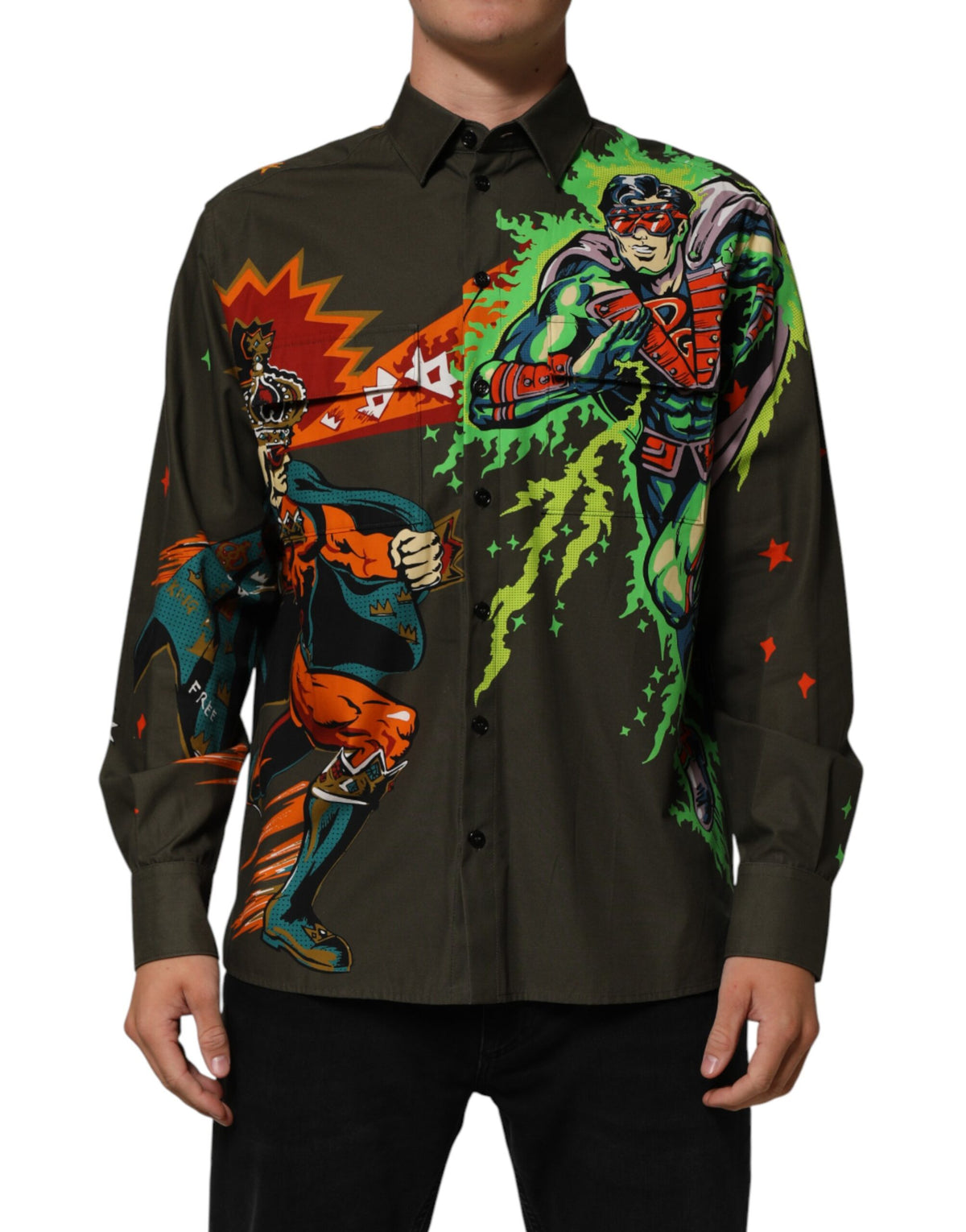 Dolce & Gabbana Brown Superhero Print Button Down Shirt Couture