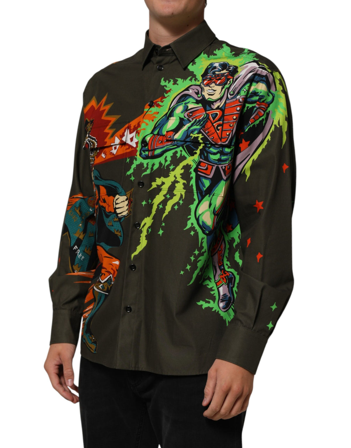 Dolce & Gabbana Brown Superhero Print Button Down Shirt Couture