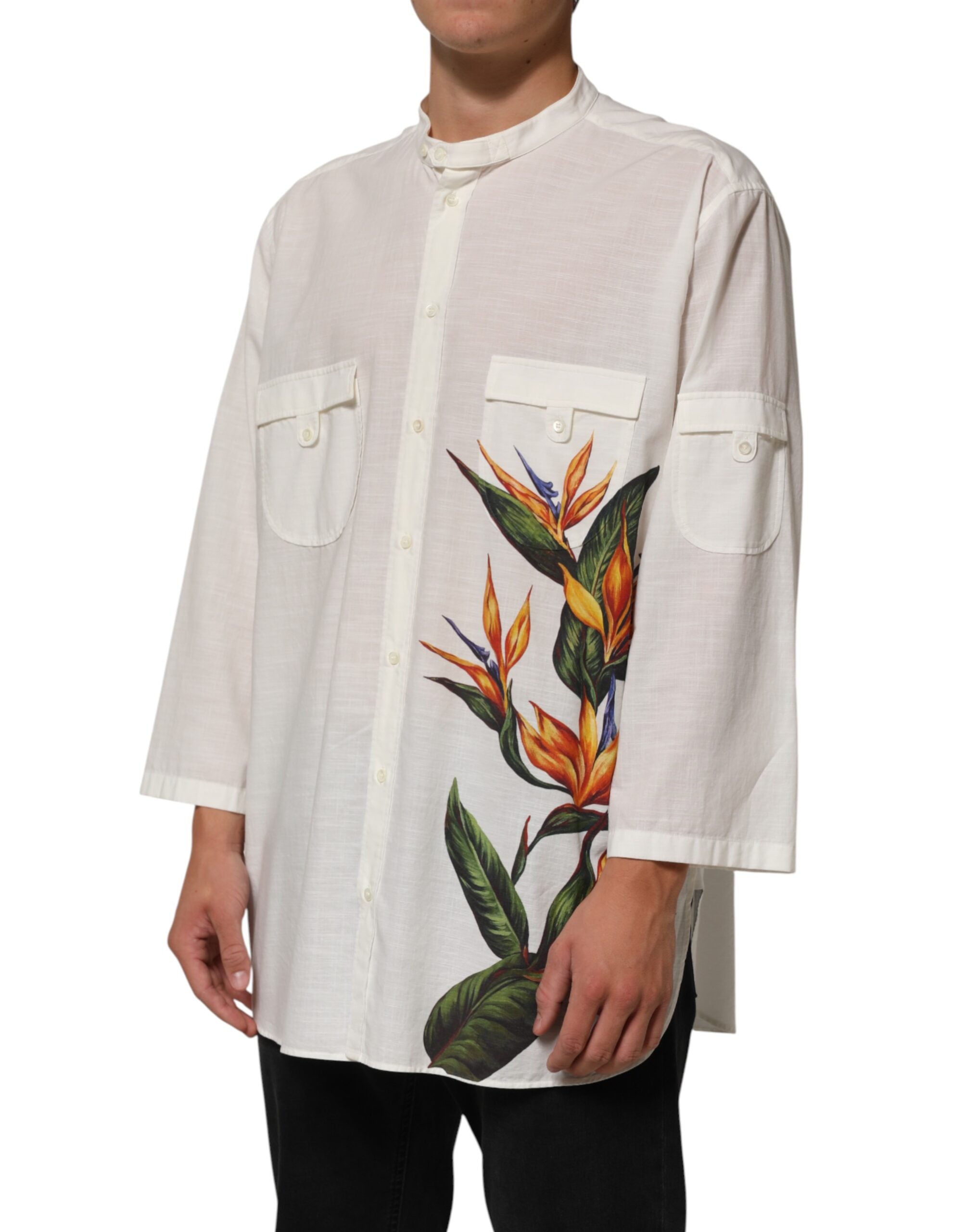 Dolce & Gabbana White Cotton Floral Print Button Down Shirt