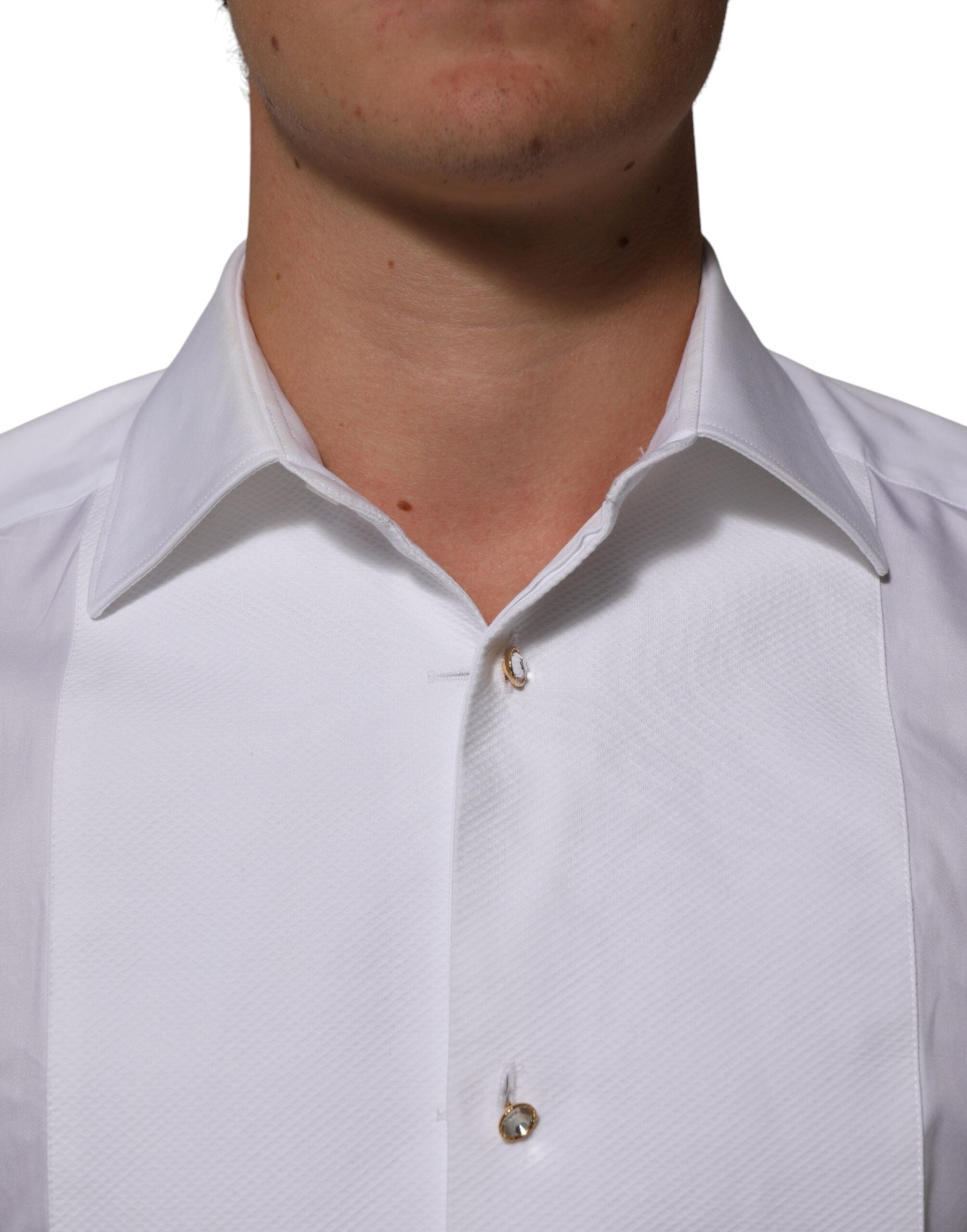 Dolce & Gabbana White Cotton Collared Bib GOLD Dress Shirt