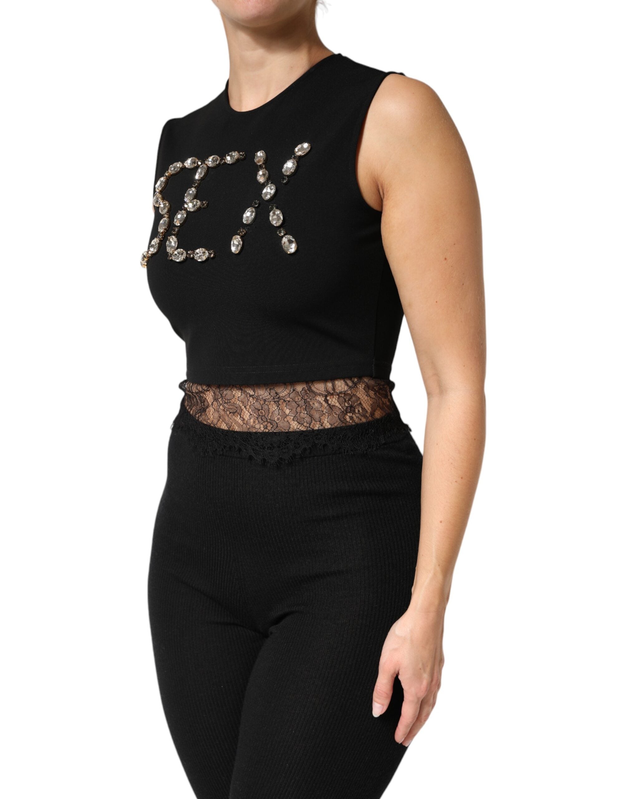 Dolce & Gabbana Black Jersey Lace Ruching Rhinestone Tank Top