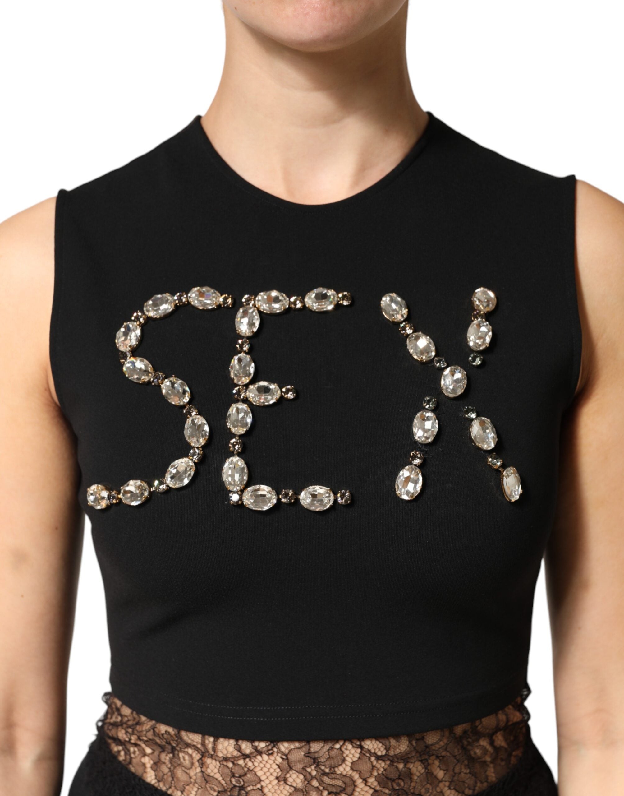 Dolce & Gabbana Black Jersey Lace Ruching Rhinestone Tank Top