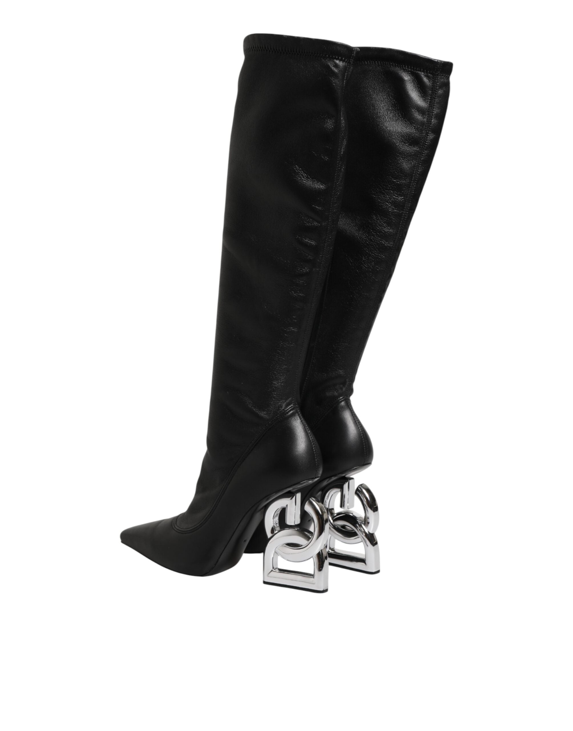 Dolce & Gabbana Black Leather DG Logo Knee High Boots Shoes