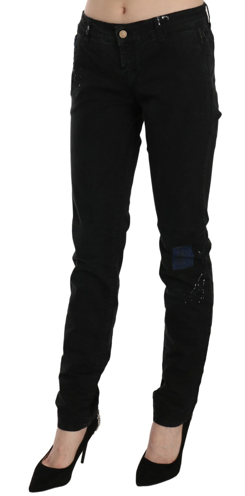 John Galliano Black Low Waist White Paint Skinny Denim Pants Jeans
