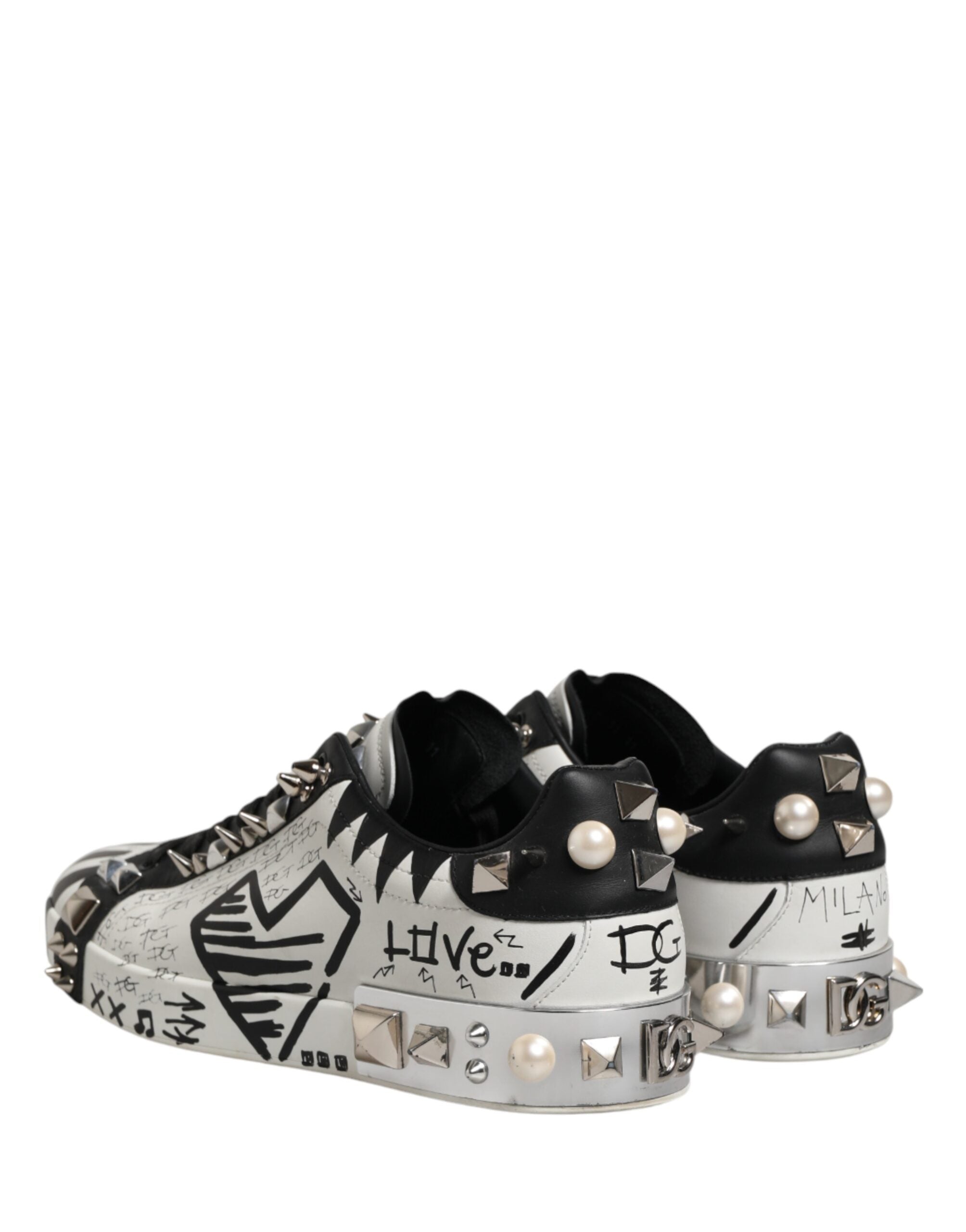 Dolce & Gabbana Black White Studded Low Top Sneakers Shoes