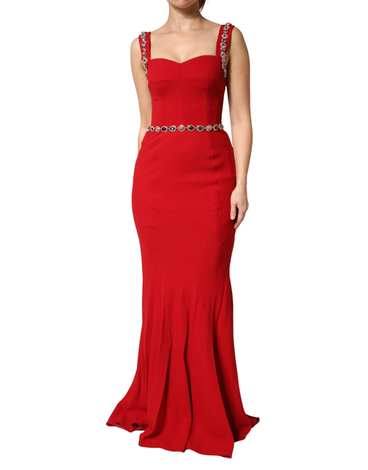 Elevate your elegance with the Dolce & Gabbana Red Embellished Sheath Mermaid Gown, a masterpiece of Italian craftsmanship that embodies luxury and sophistication for unforgettable occasions.