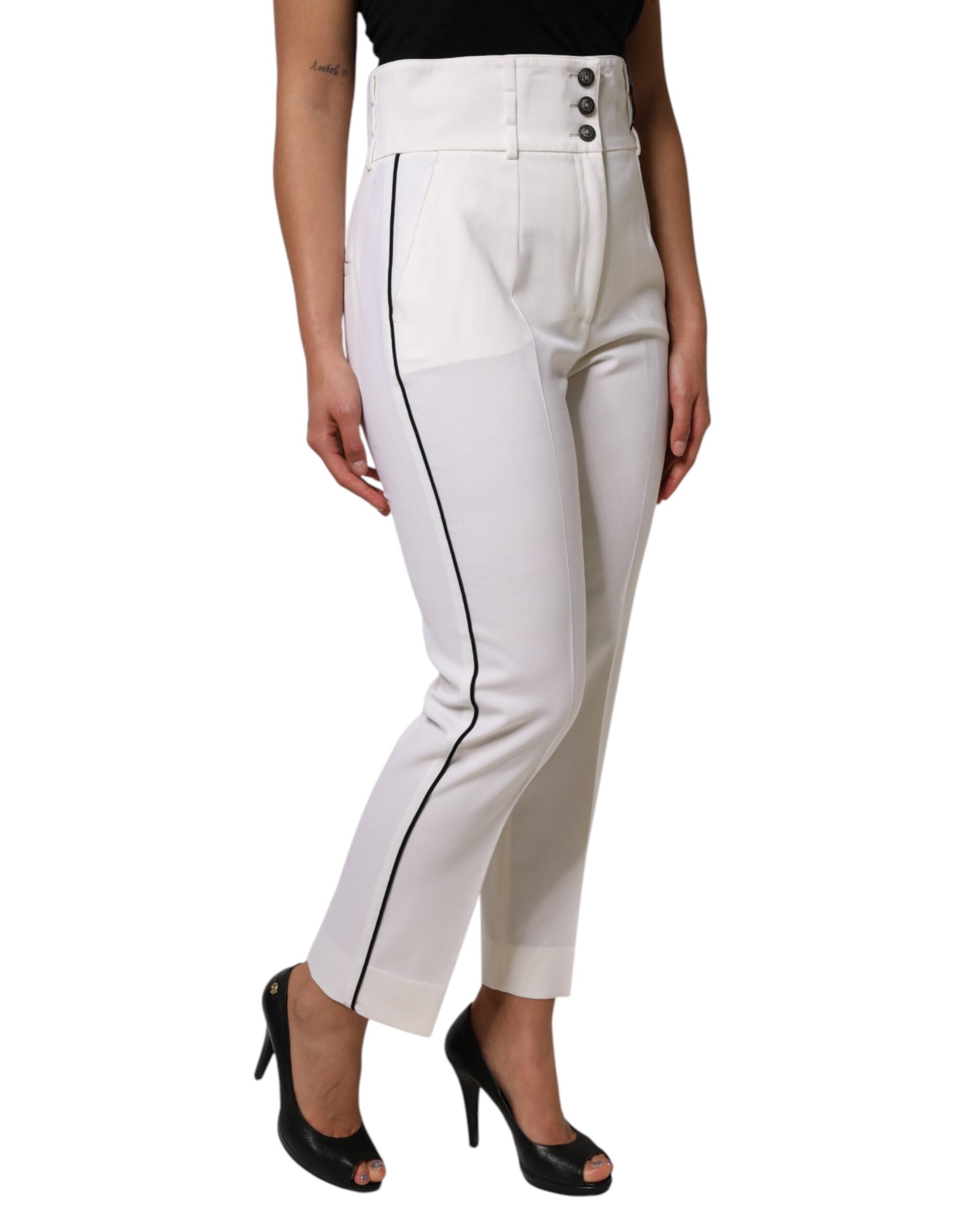 Dolce & Gabbana White Wool High Waist Tapered Trouser Pants