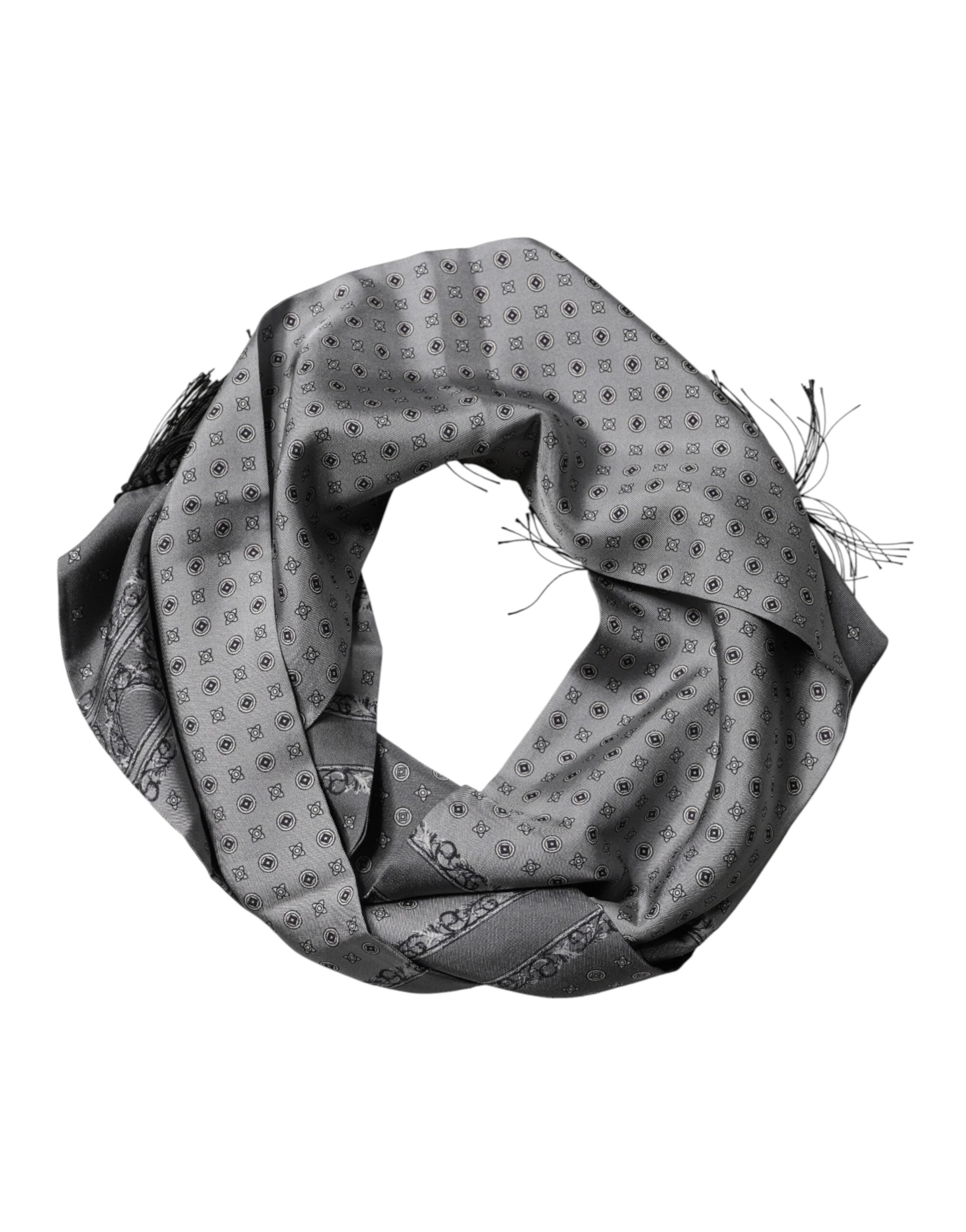 Dolce & Gabbana Gray Patterned Fringes Neck Foulard Scarf