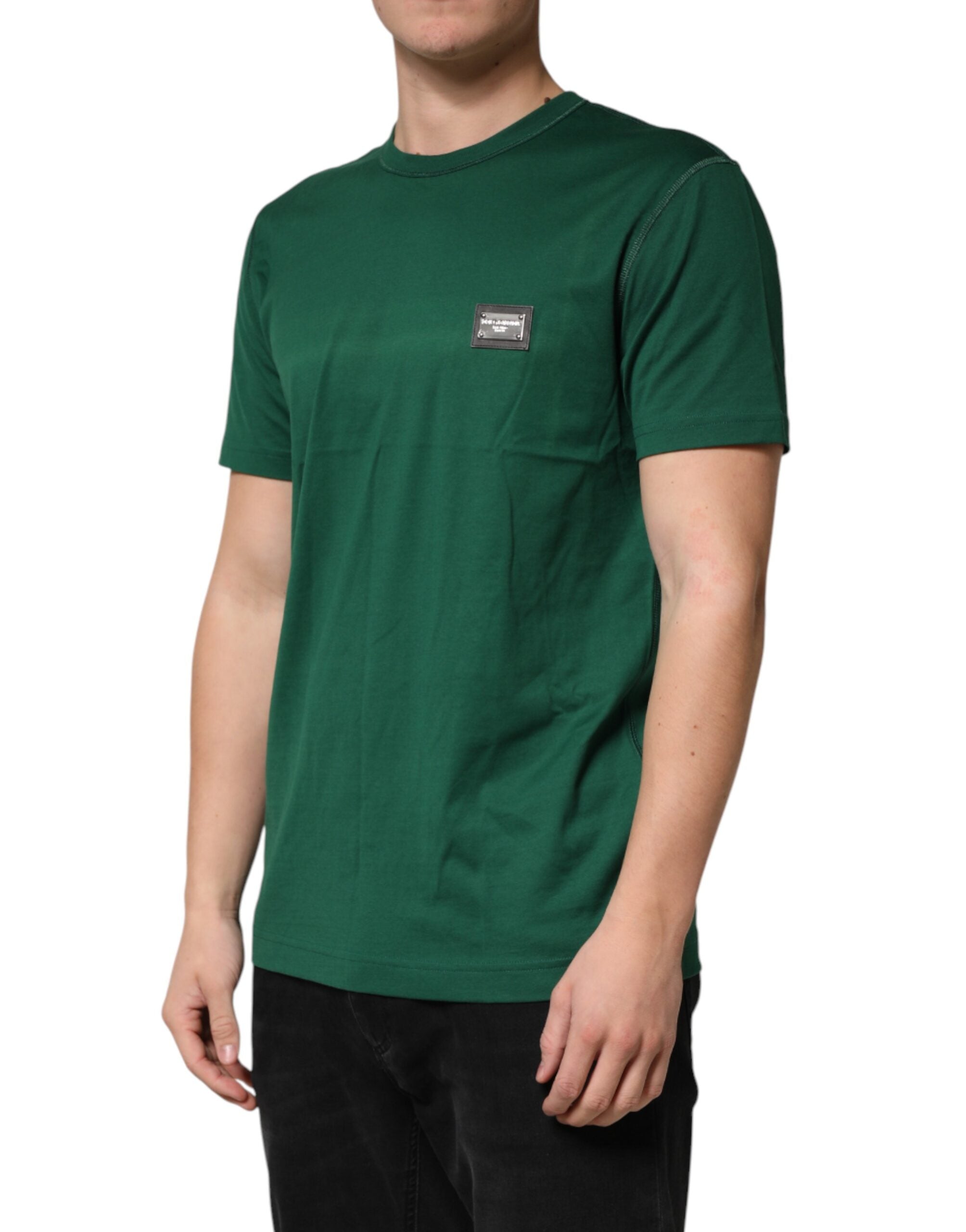 Dolce & Gabbana Green Logo Plaque Cotton Crew Neck T-shirt