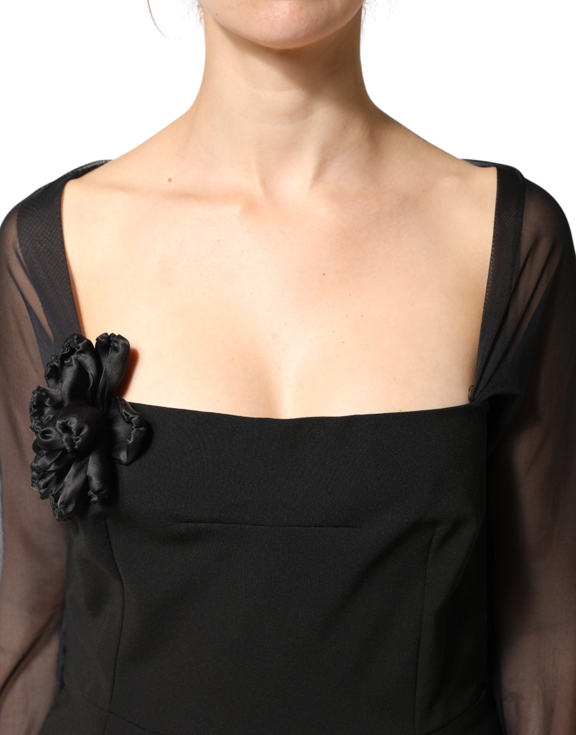 Dolce & Gabbana Black Sheer Yoke Rosette Sheath Midi Dress