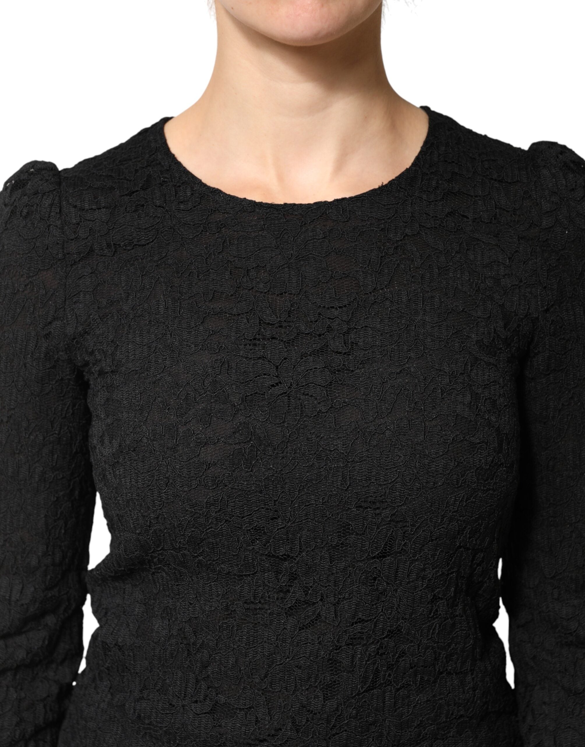 Dolce & Gabbana Black Floral Lace Silk Round Neck Blouse Top