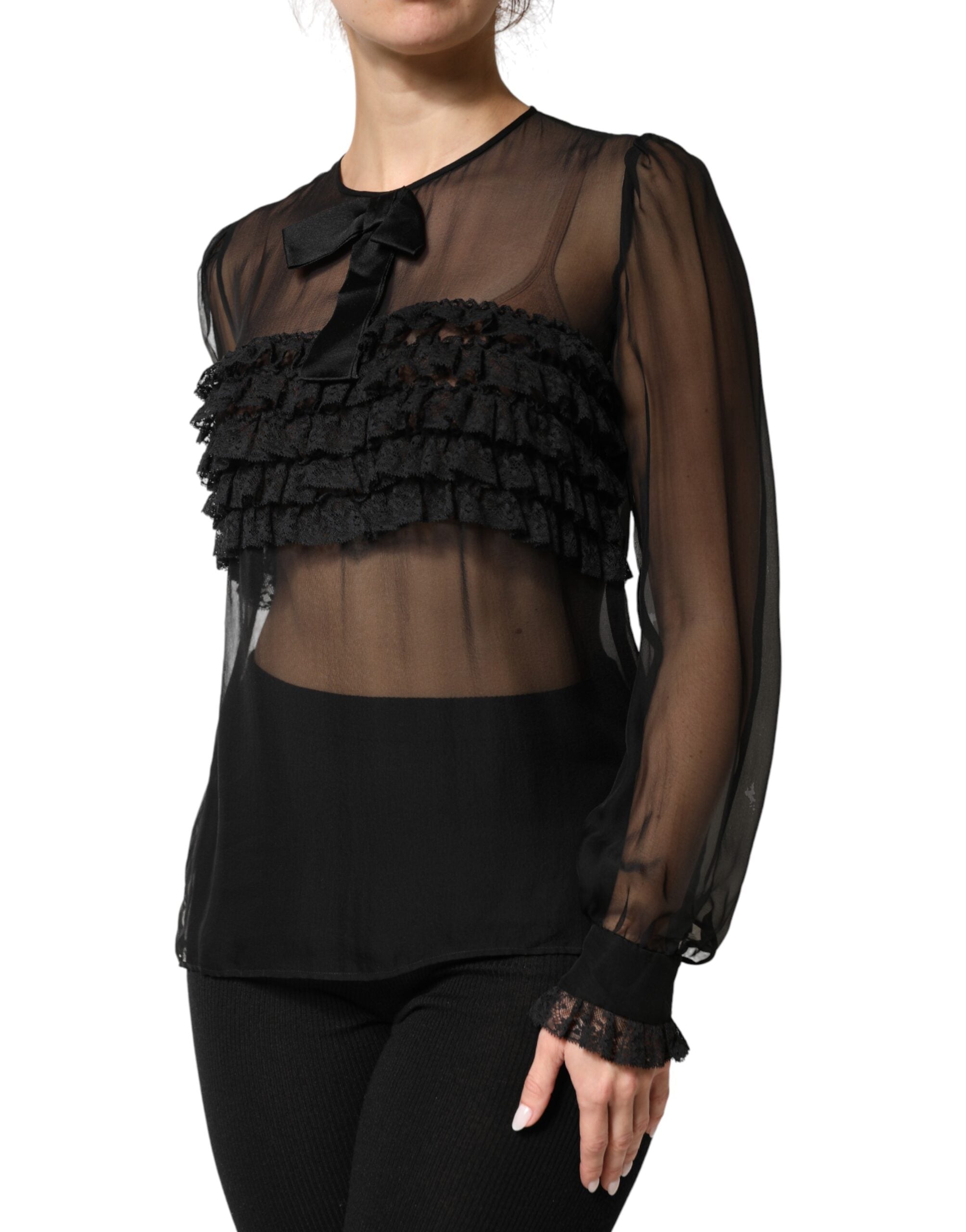 Dolce & Gabbana Black Silk Sheer Ruffle Tie-Neck Blouse Top