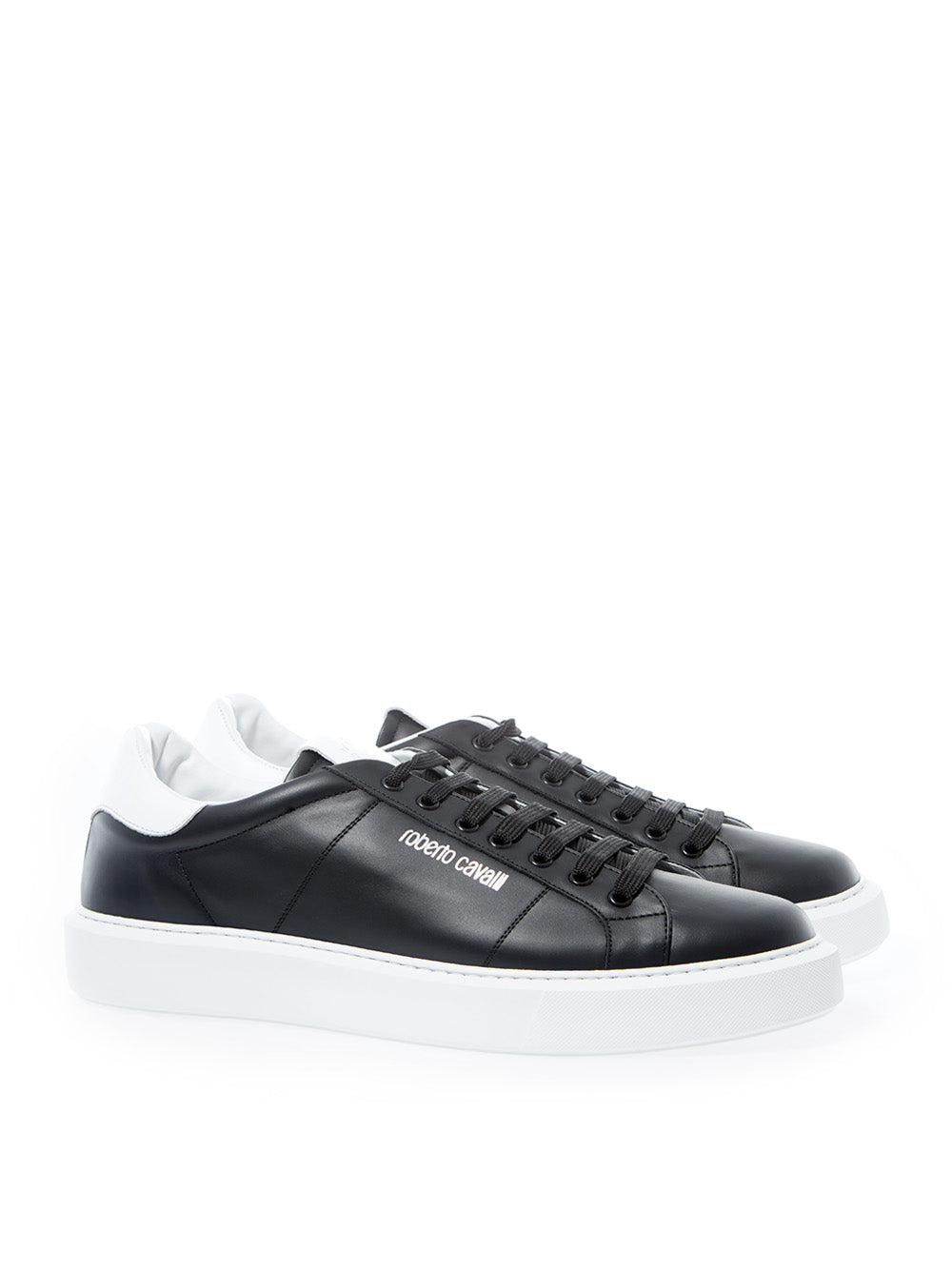 Roberto Cavalli Black Leather Sneakers with Silver Logo - DEA STILOSA MILANO