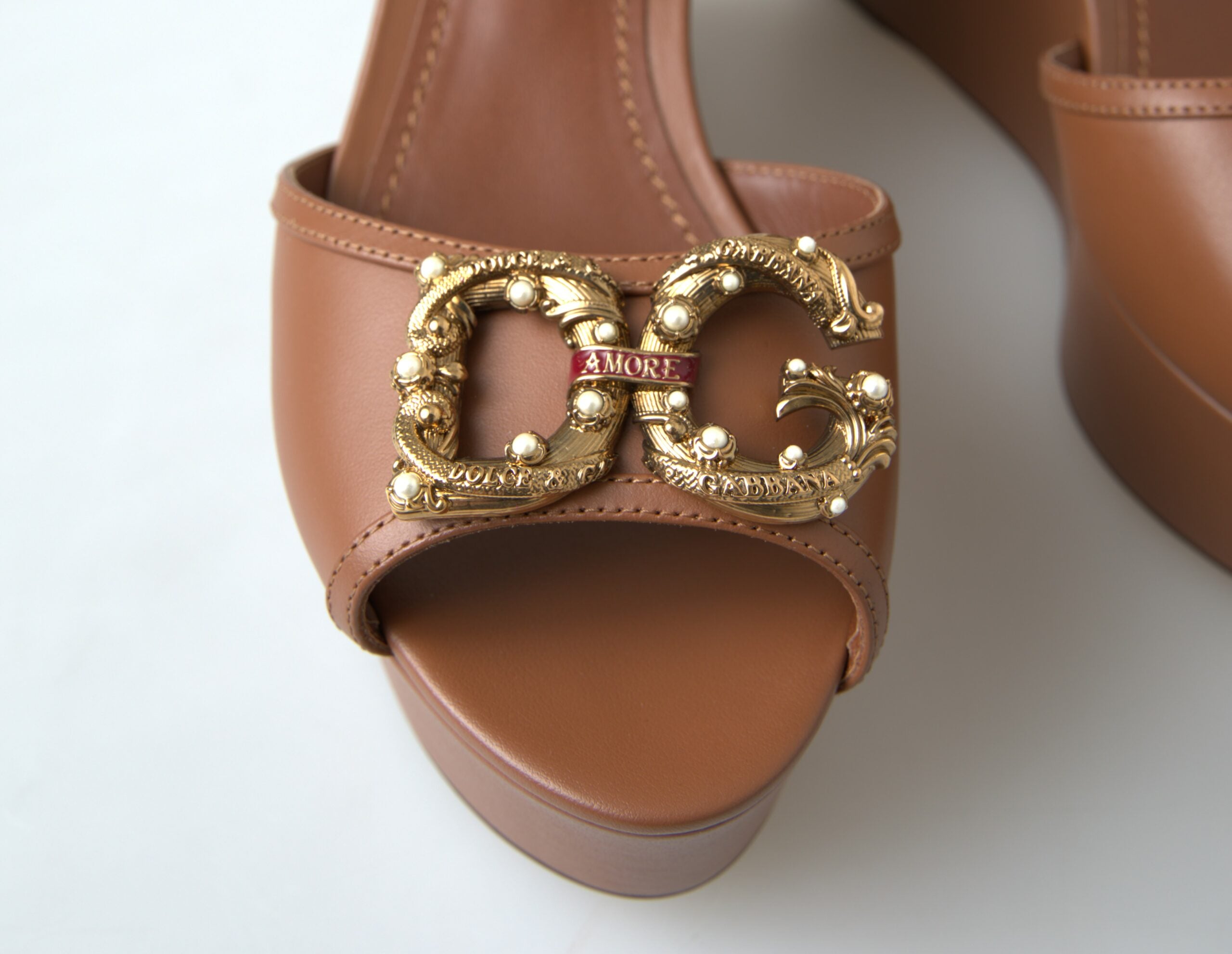 Dolce & Gabbana Brown Leather AMORE Wedges Sandals Shoes - DEA STILOSA MILANO