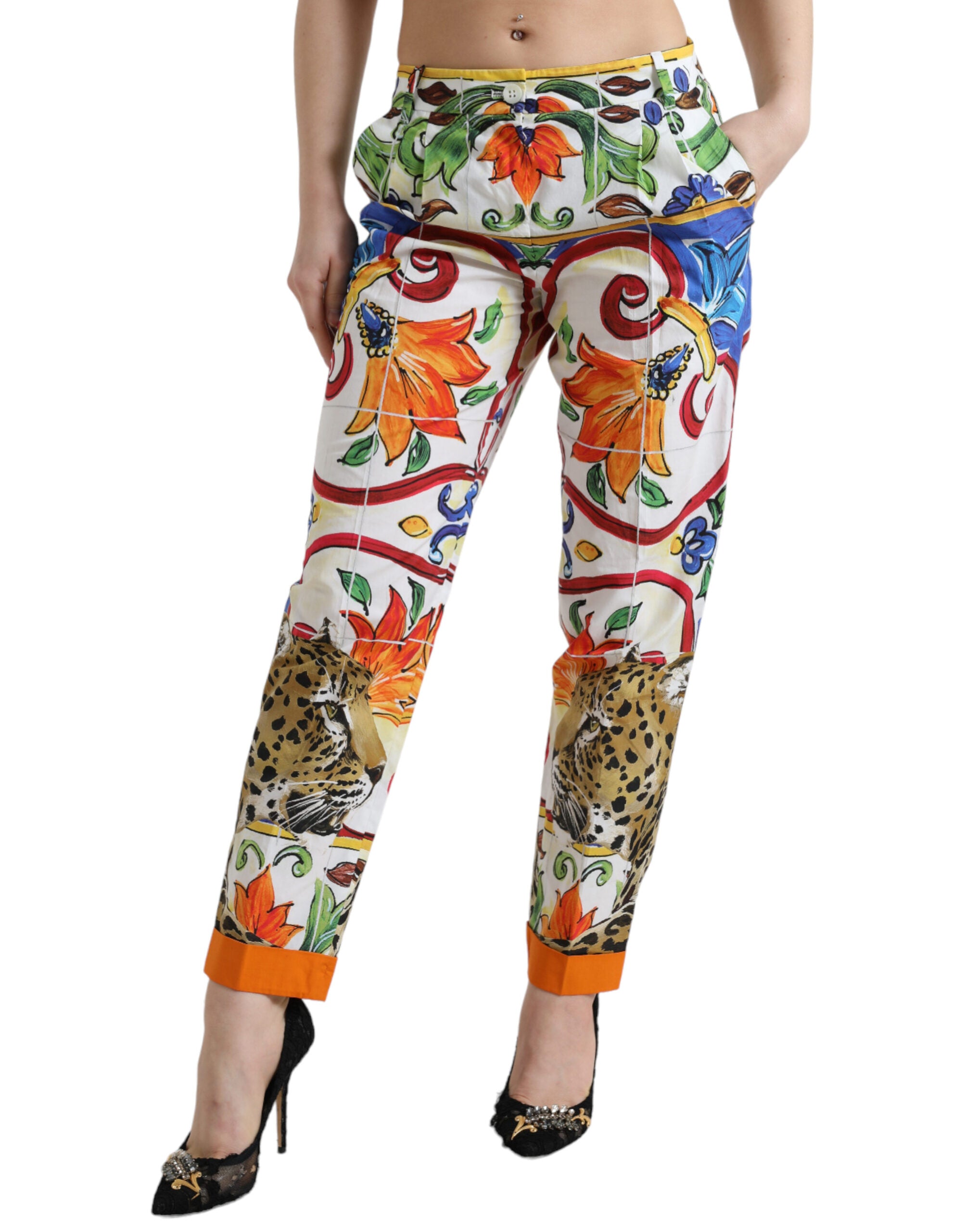 Dolce & Gabbana White Majolica Print Tapered Mid Waist Pants - DEA STILOSA MILANO