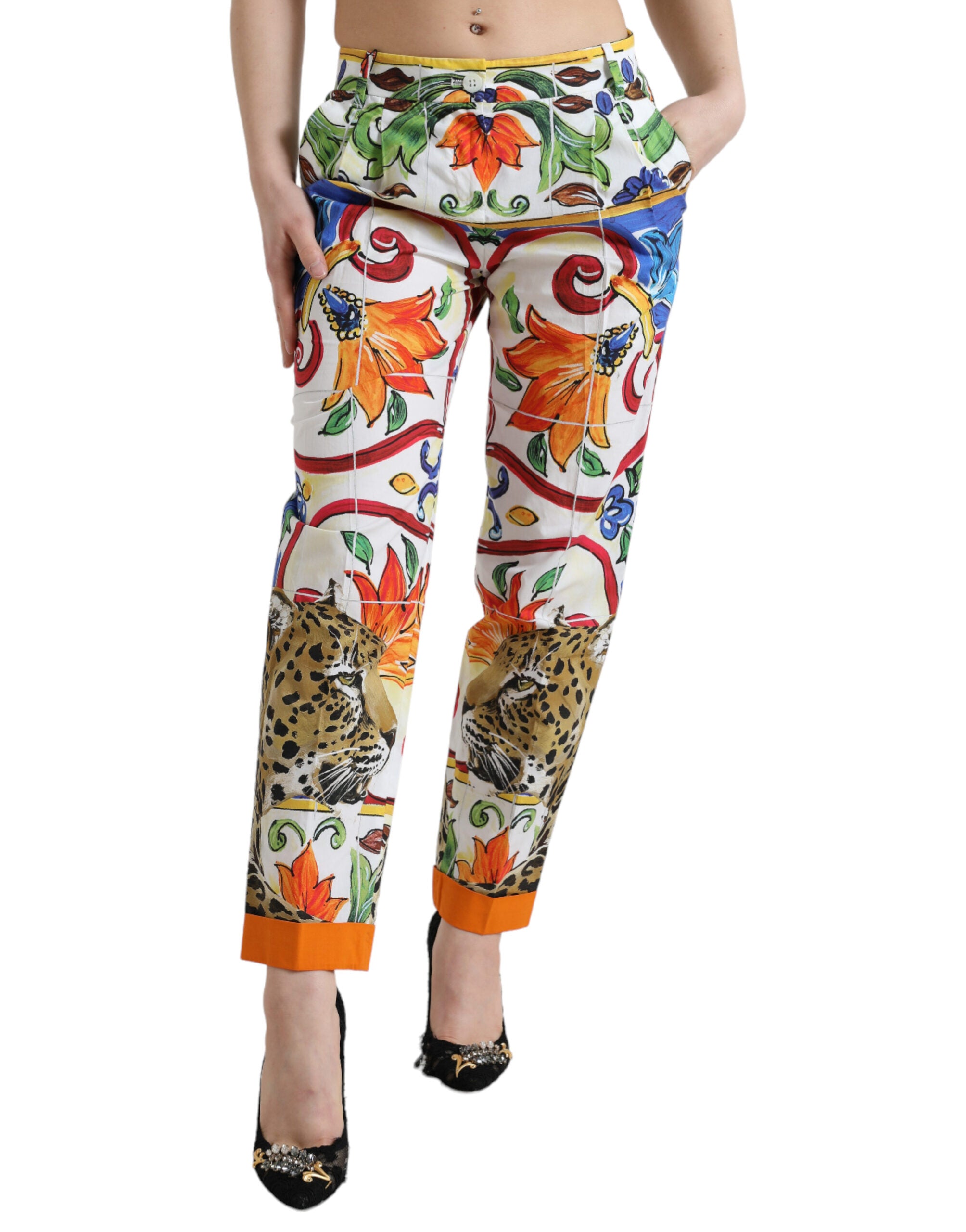 Dolce & Gabbana White Majolica Print Tapered Mid Waist Pants - DEA STILOSA MILANO