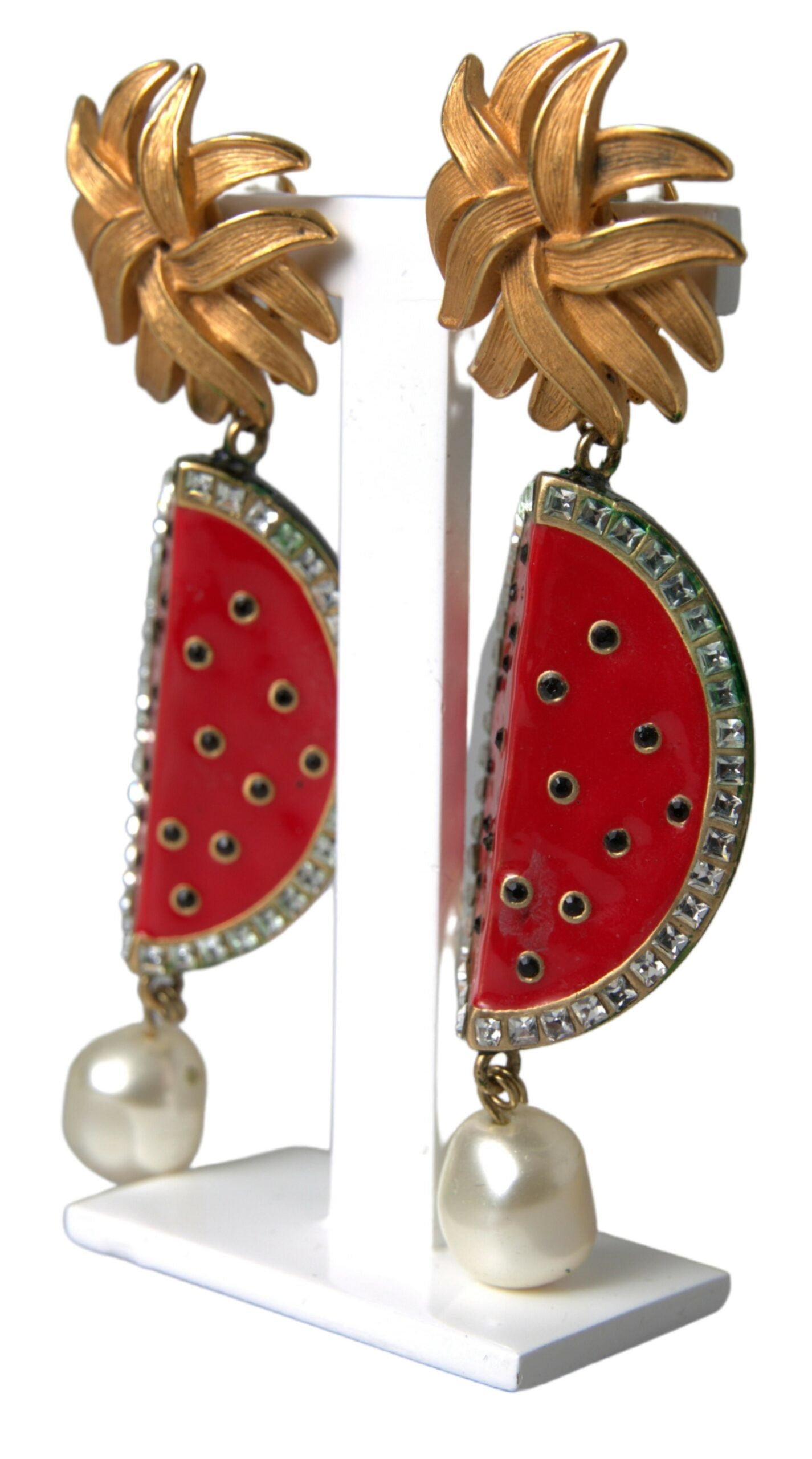 Dolce & Gabbana Red Watermelon Gold Brass Crystal Clip Dangling Earrings - DEA STILOSA MILANO