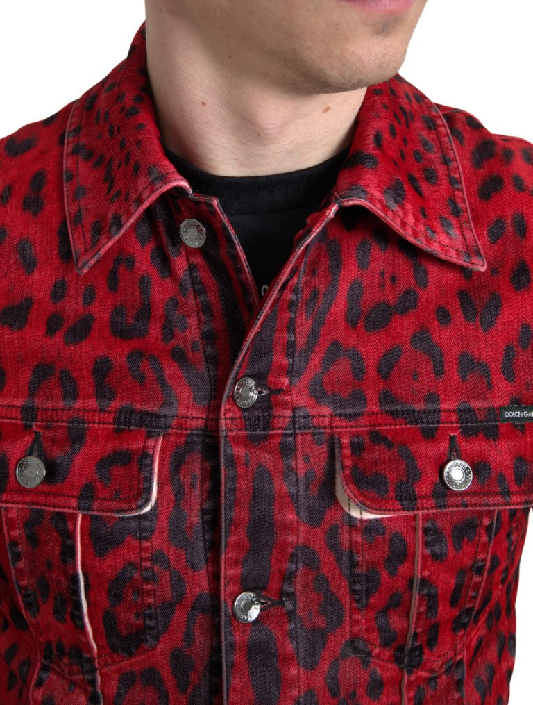 Dolce & Gabbana Red Leopard Cotton Collared Denim Jacket - DEA STILOSA MILANO
