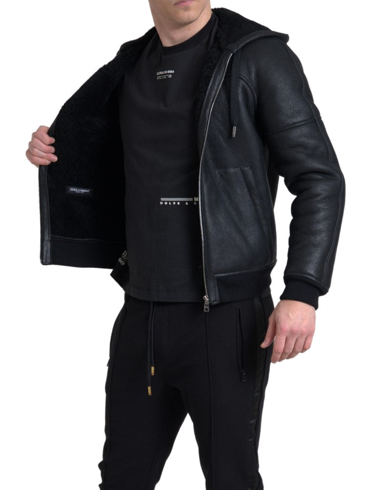 Dolce & Gabbana Black Leather Full Zip Hooded Men Jacket - DEA STILOSA MILANO