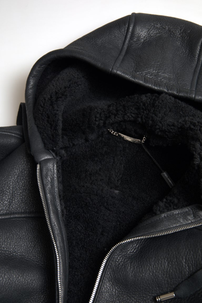 Dolce & Gabbana Black Leather Full Zip Hooded Men Jacket - DEA STILOSA MILANO
