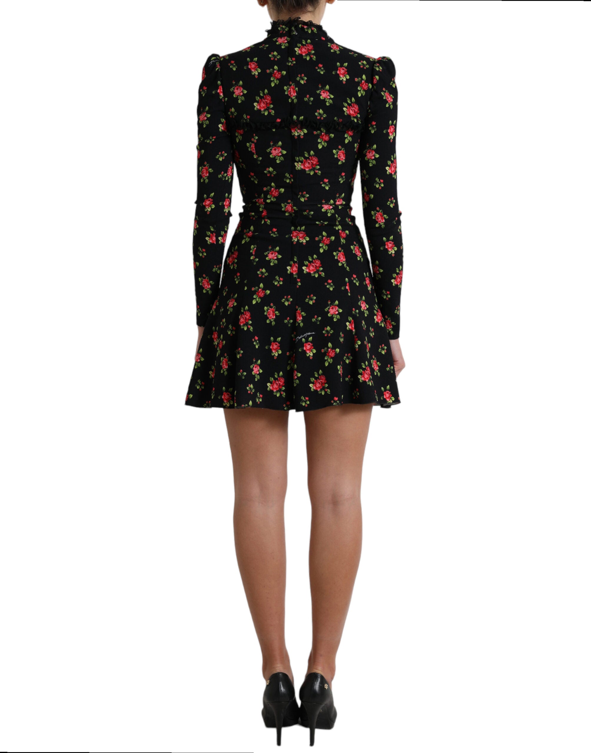 Dolce & Gabbana Black Floral A-line Long Sleeves Mini Dress - DEA STILOSA MILANO