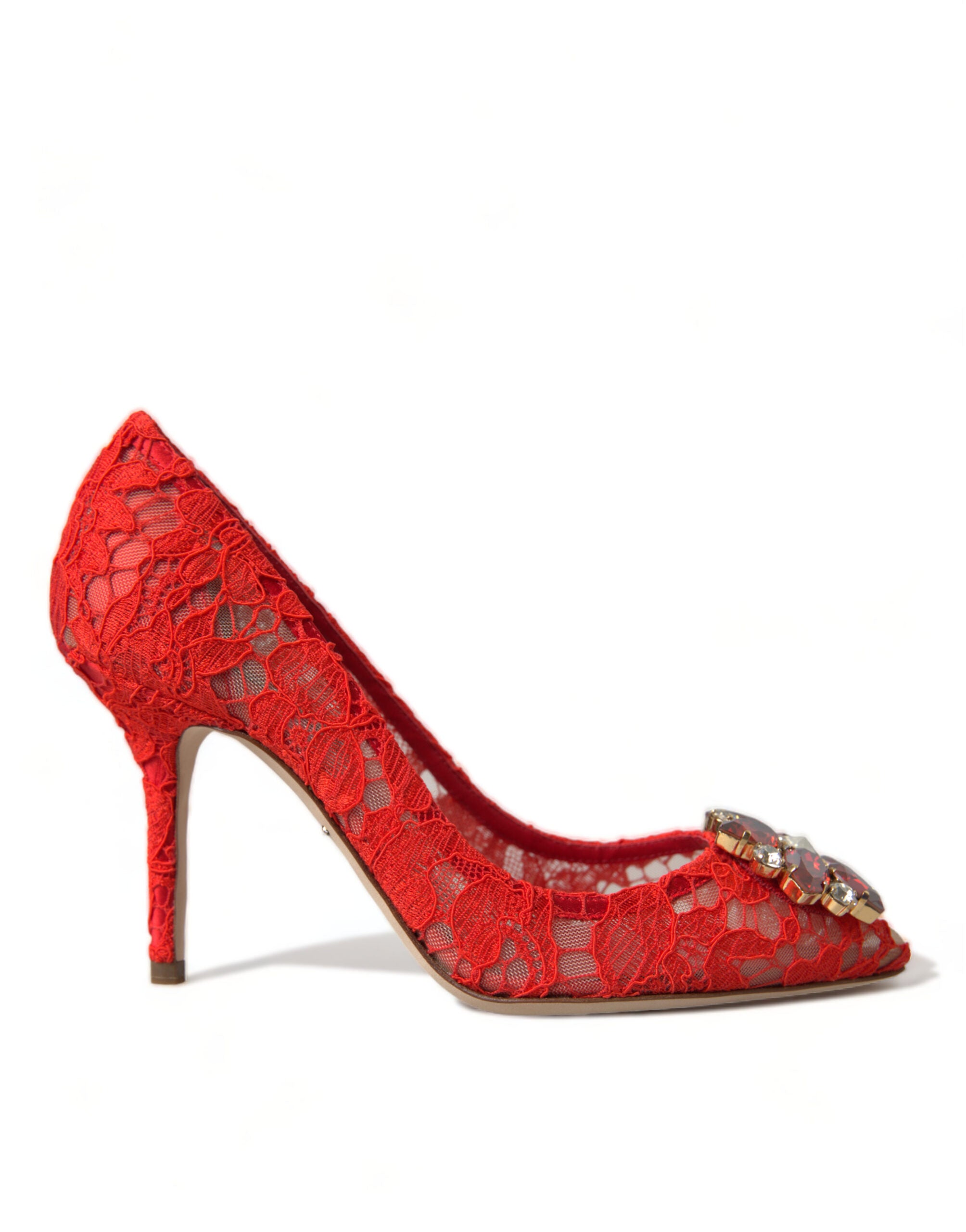 Dolce & Gabbana Red Taormina Lace Crystal Heels Pumps Shoes - DEA STILOSA MILANO