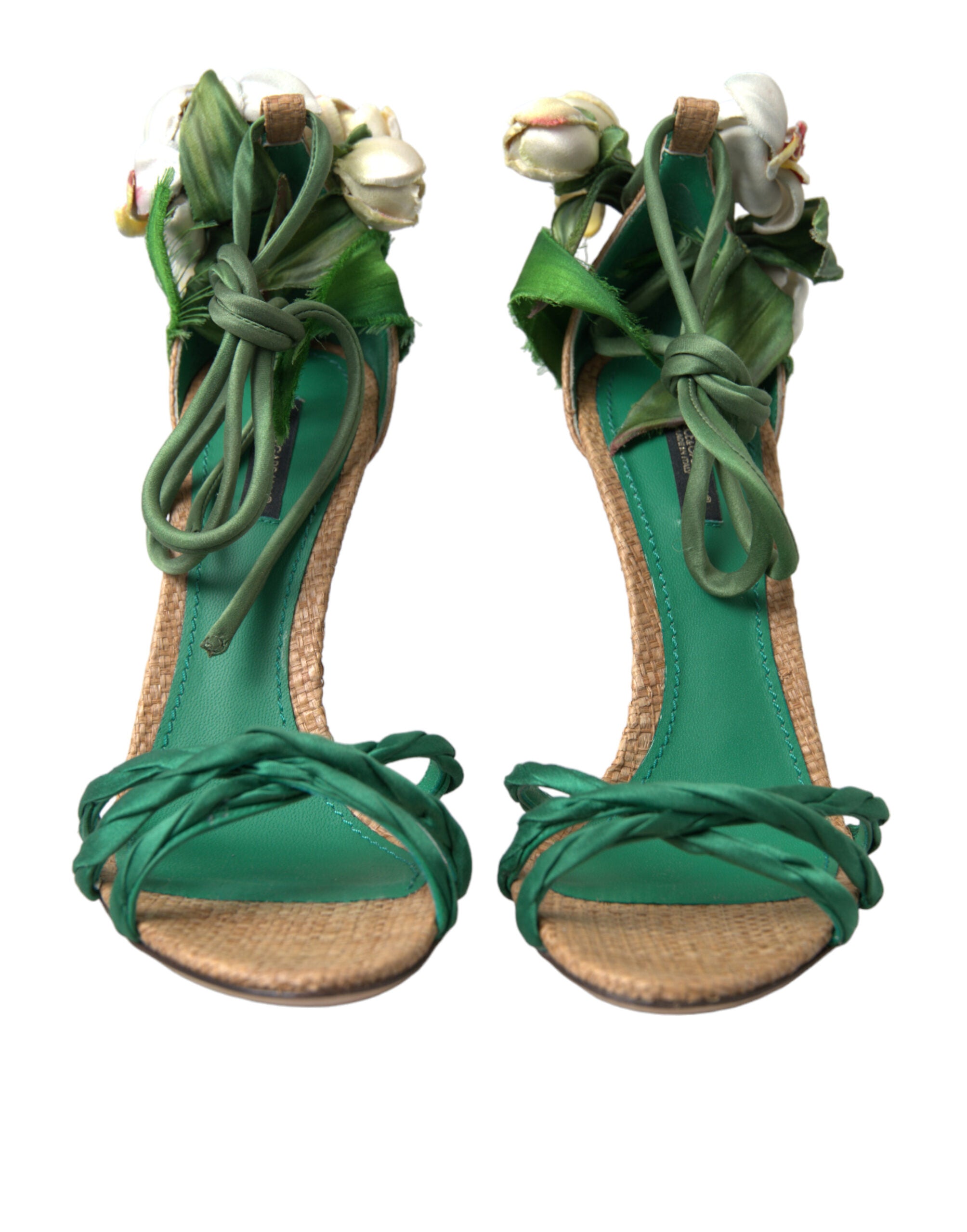 Dolce & Gabbana Green Flower Satin Heels Sandals Shoes - DEA STILOSA MILANO