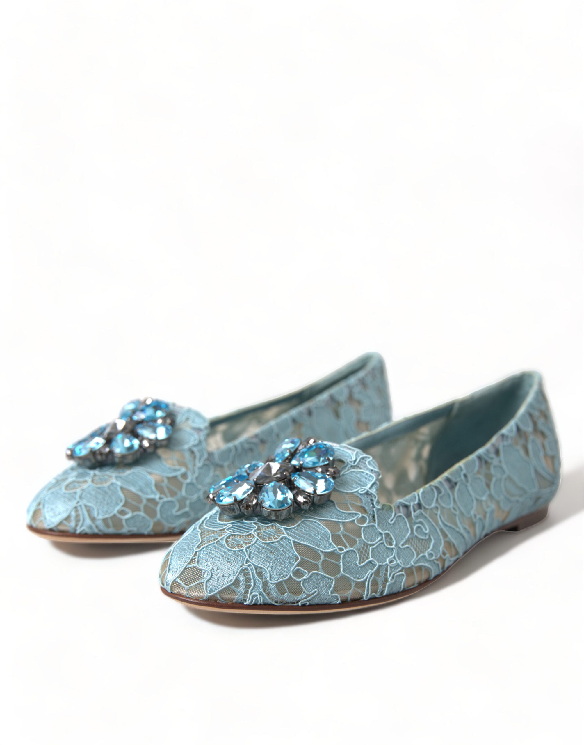 Dolce & Gabbana Blue Vally Taormina Lace Crystals Flats Shoes - DEA STILOSA MILANO