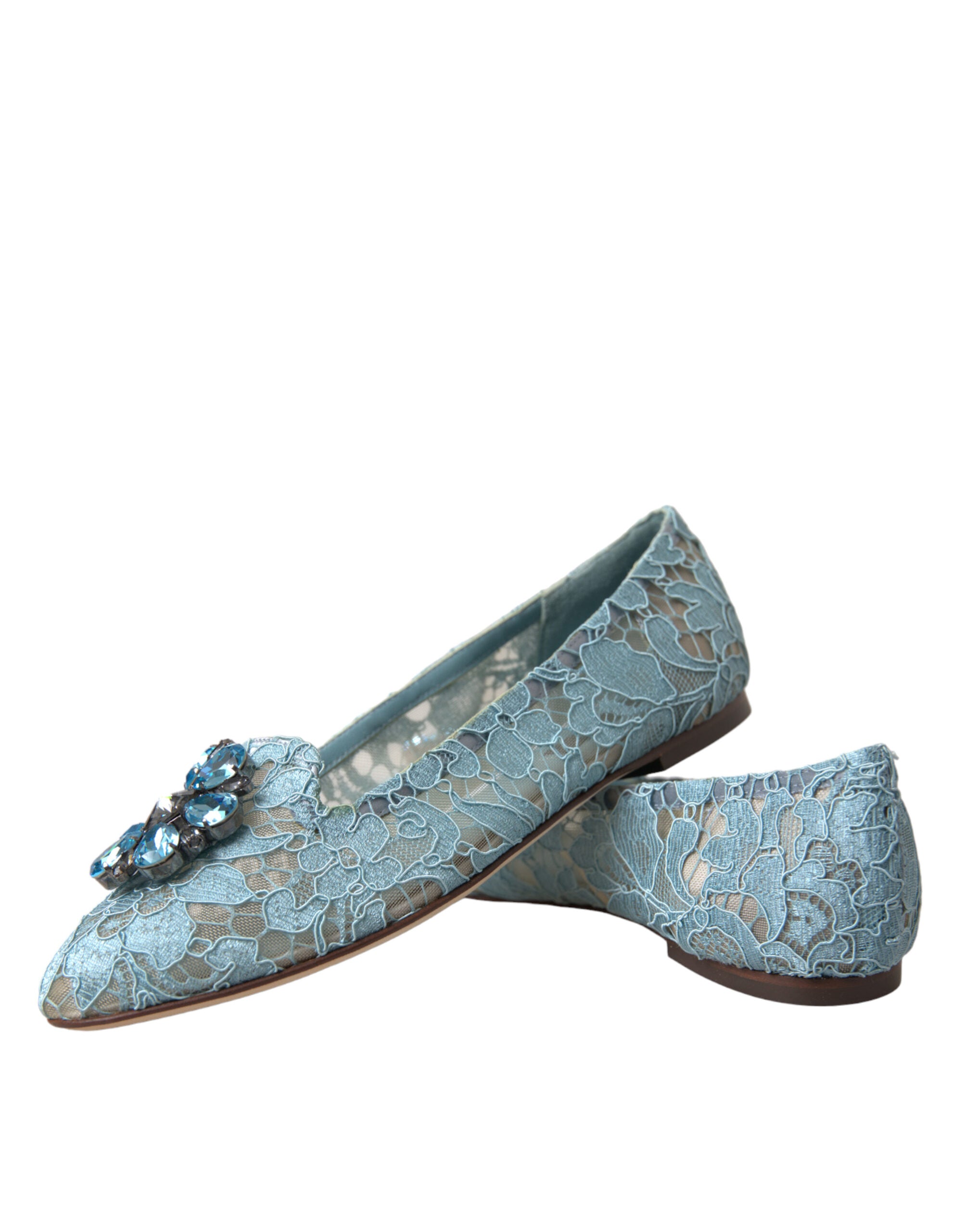 Dolce & Gabbana Blue Vally Taormina Lace Crystals Flats Shoes - DEA STILOSA MILANO