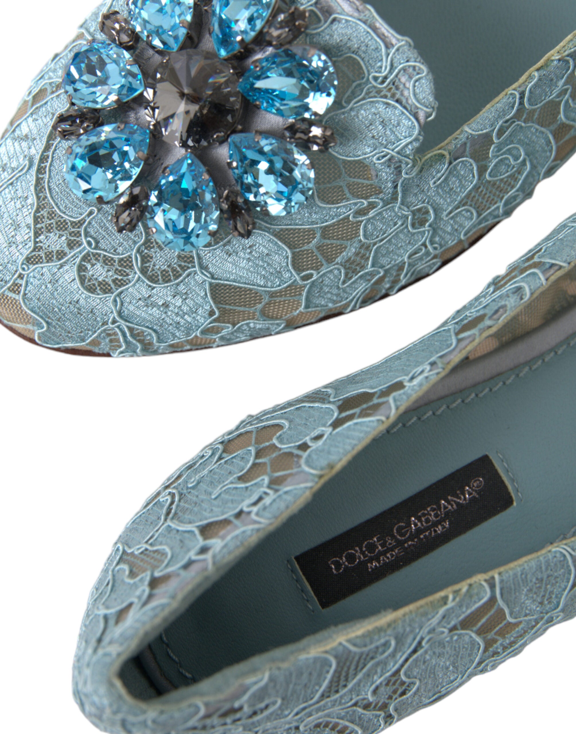 Dolce & Gabbana Blue Vally Taormina Lace Crystals Flats Shoes - DEA STILOSA MILANO